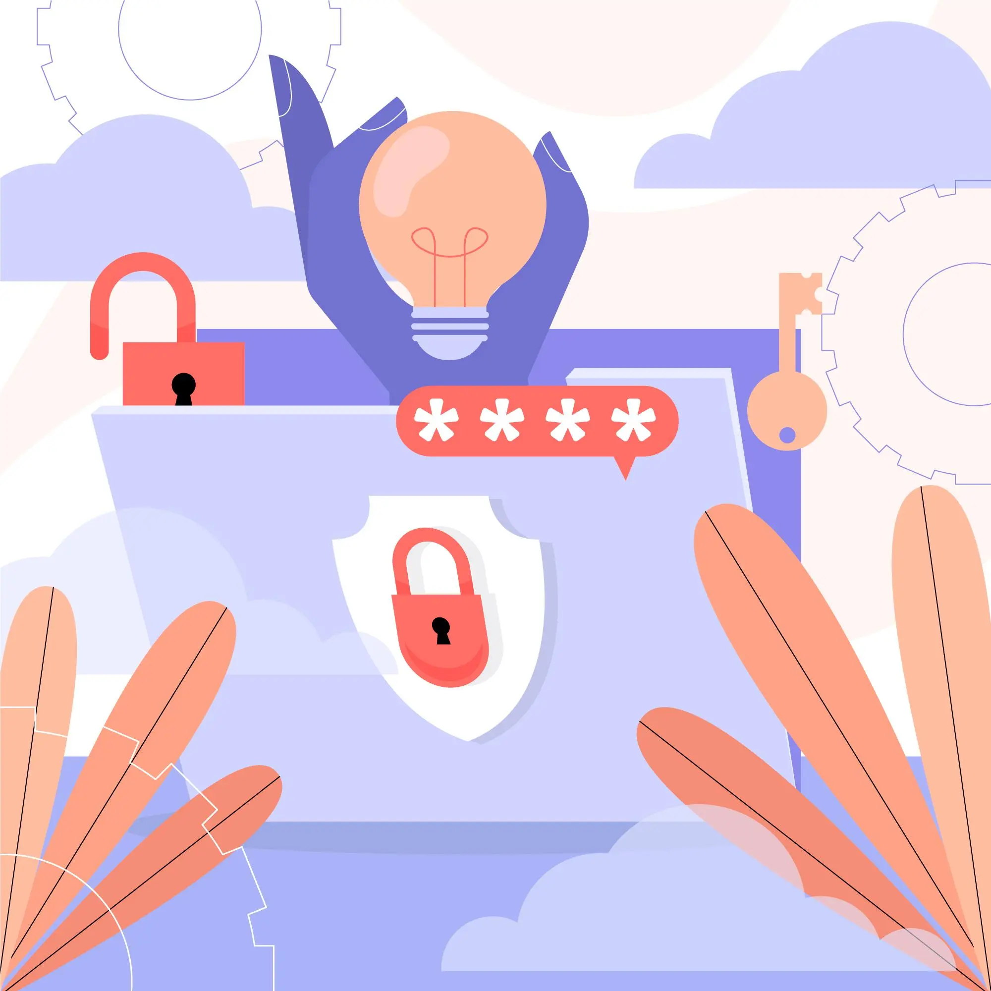 A secure folder icon with a padlock, password symbols, and hands holding a lightbulb—representing data protection and innovation.