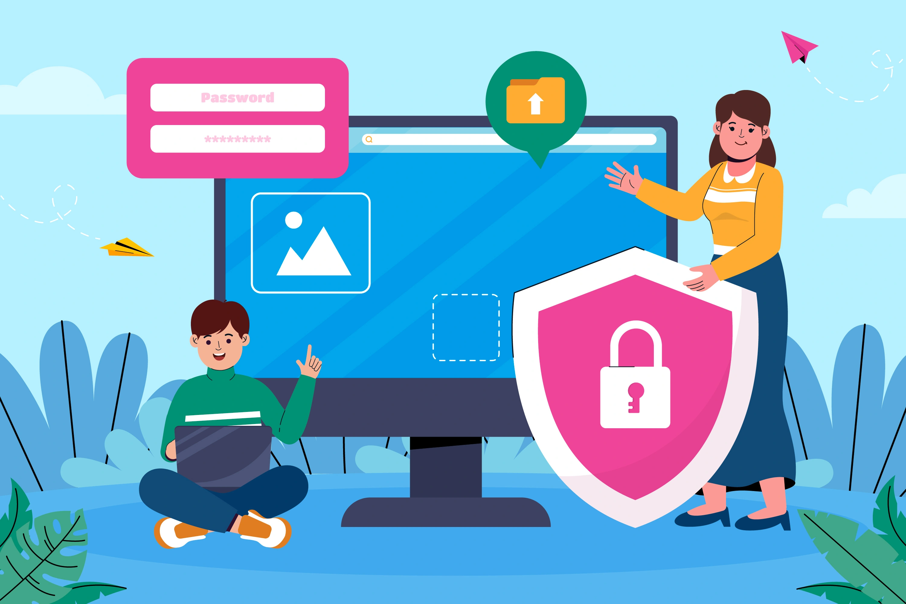 Two people stand beside a large computer monitor displaying an upload symbol and a dashed image placeholder. One holds a shield with a padlock, while a password field appears to the side—conveying digital security and data protection.