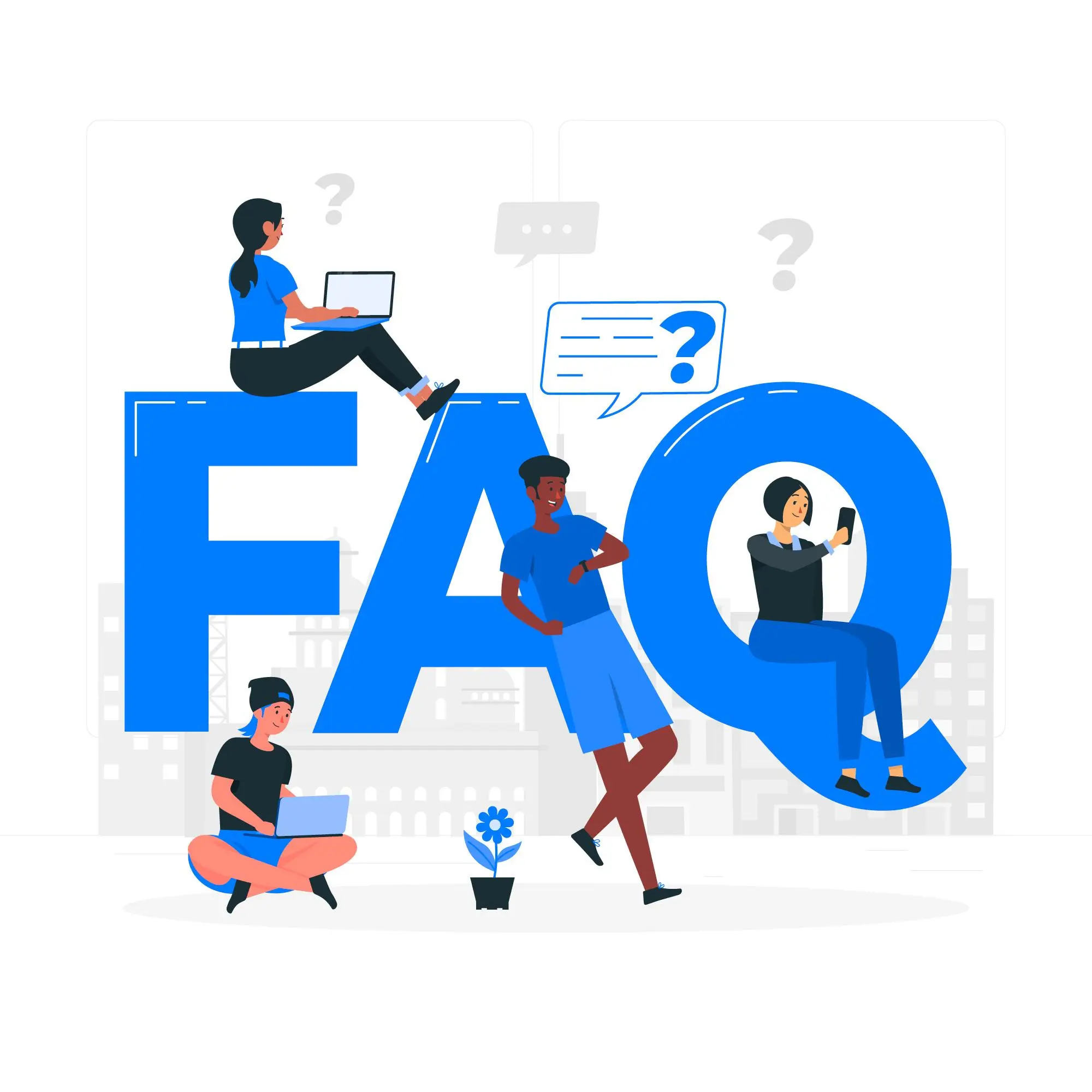 Large “FAQ” letters with four people using laptops and phones, surrounded by question marks—representing frequently asked questions.