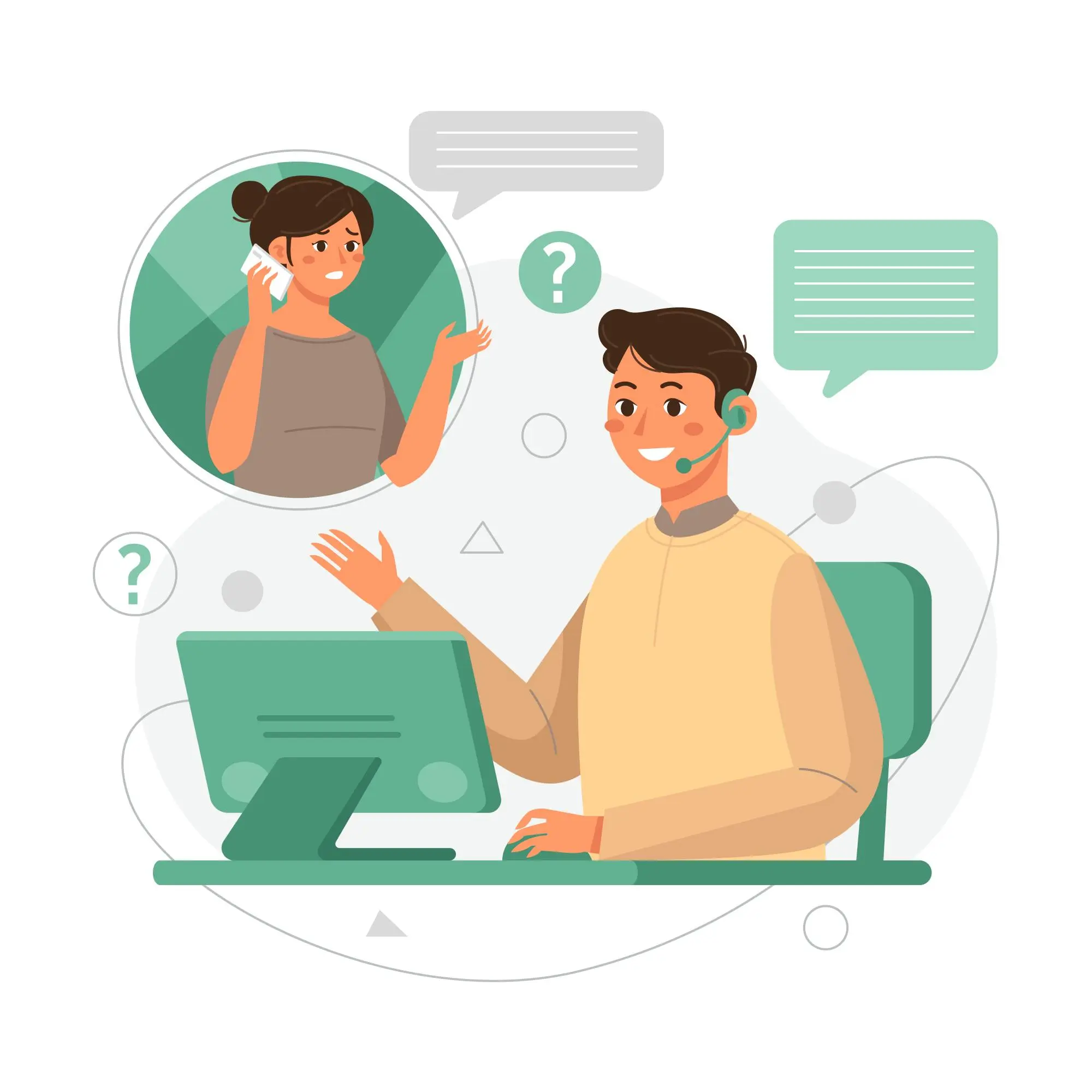 Two people communicate remotely—one at a desk with a headset, the other in a video call bubble—surrounded by question mark speech bubbles.