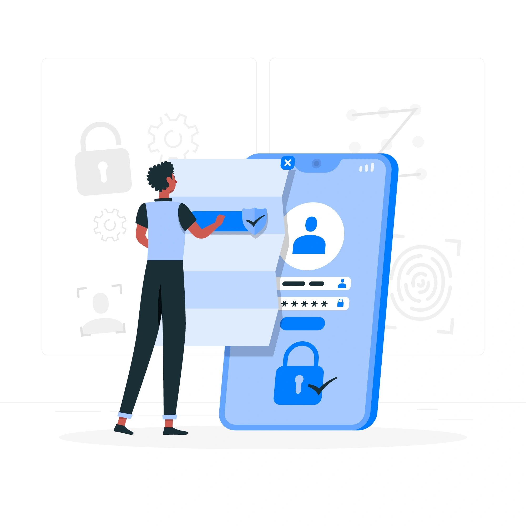 Person using phone with login screen, padlock, fingerprint, and gear icons—showing digital security.