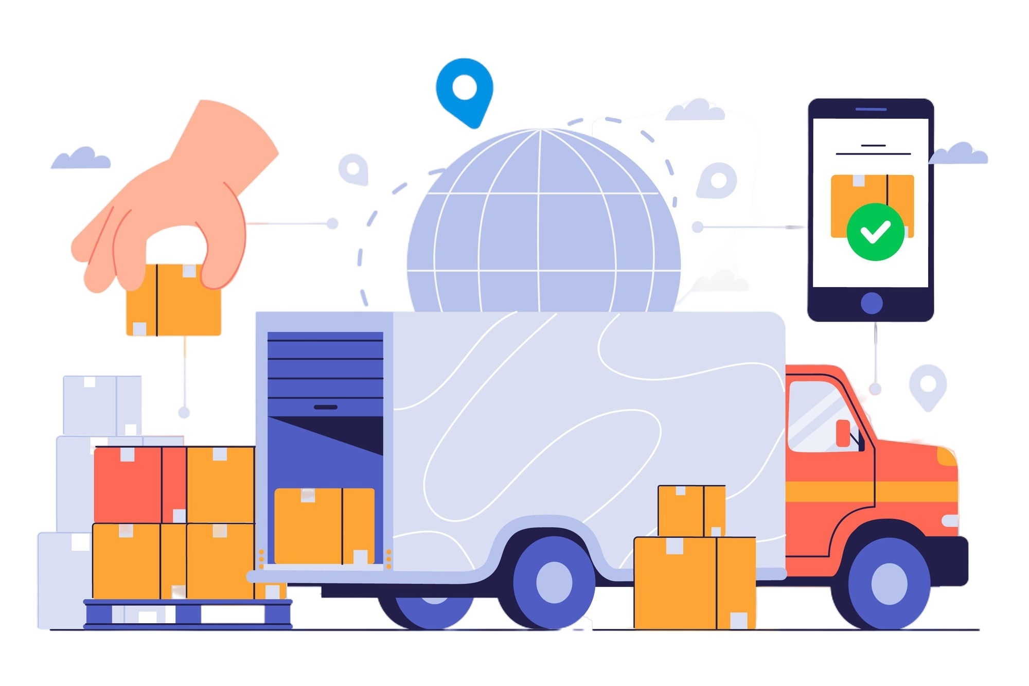 Red delivery truck with packages being loaded and unloaded, a globe symbolizing global shipping, and a smartphone with a green checkmark indicating successful delivery or tracking