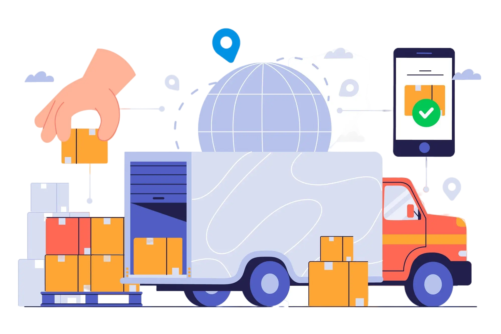 Red delivery truck with packages being loaded and unloaded, a globe symbolizing global shipping, and a smartphone with a green checkmark indicating successful delivery or tracking