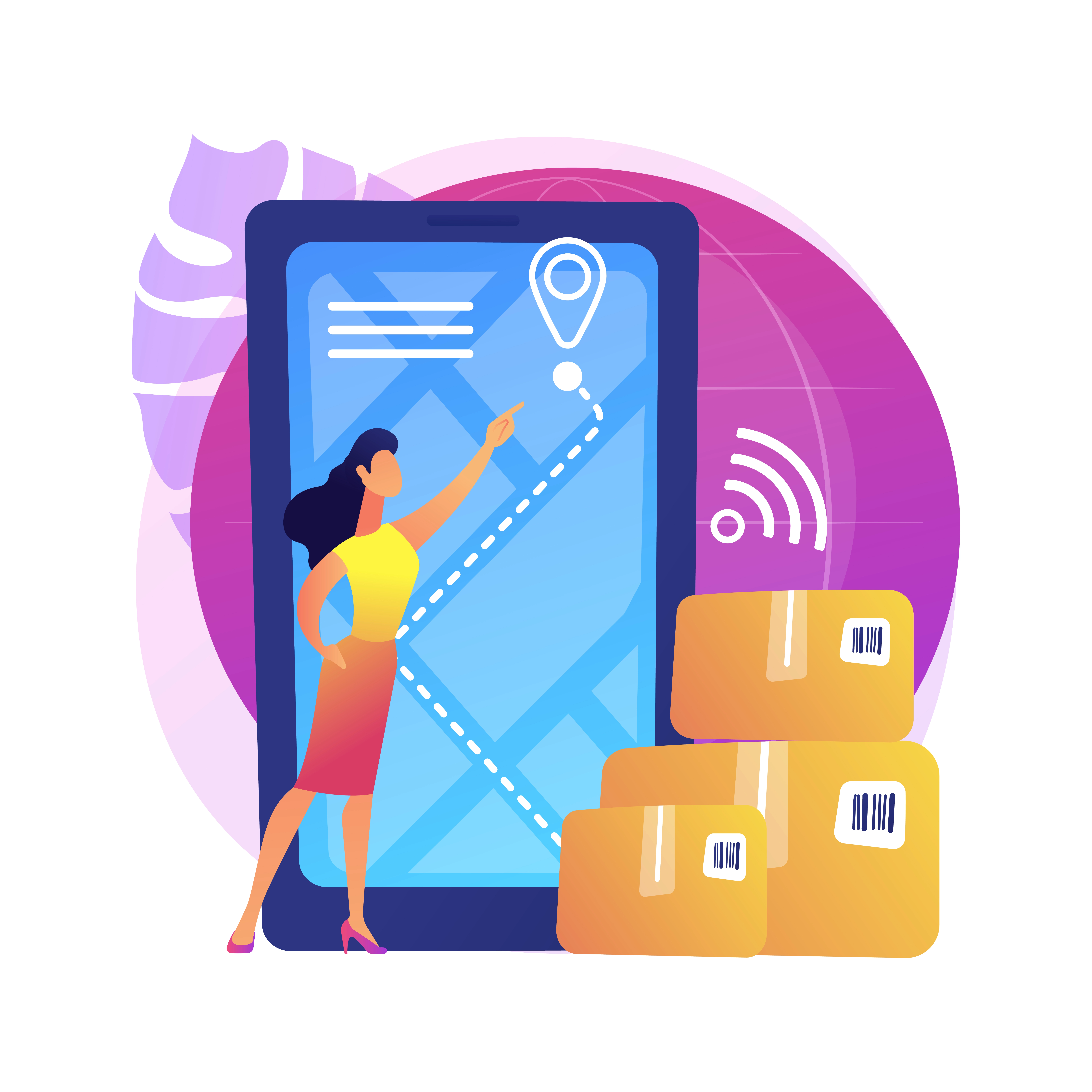 A woman stands beside a giant smartphone screen showing a map with a route and a location pin, next to stacked delivery boxes.