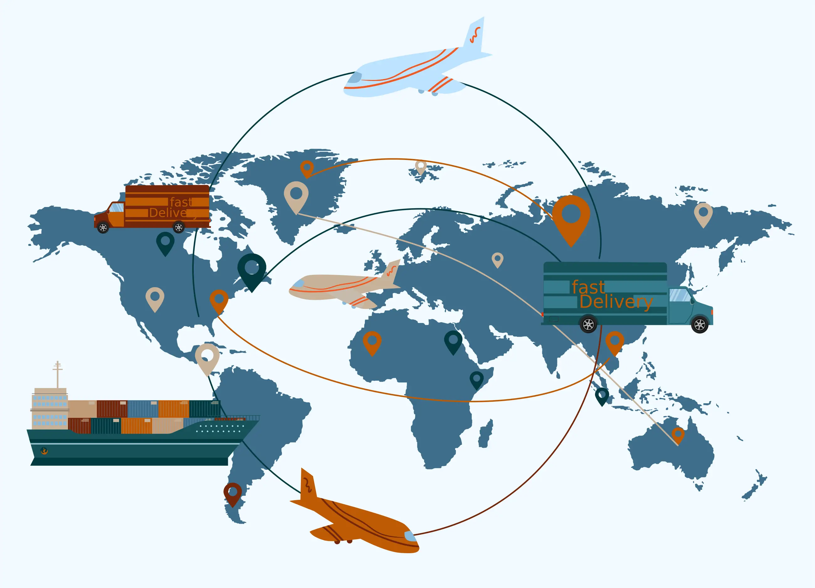 World map with transportation modes (planes, trucks, and a ship) showing global delivery routes.