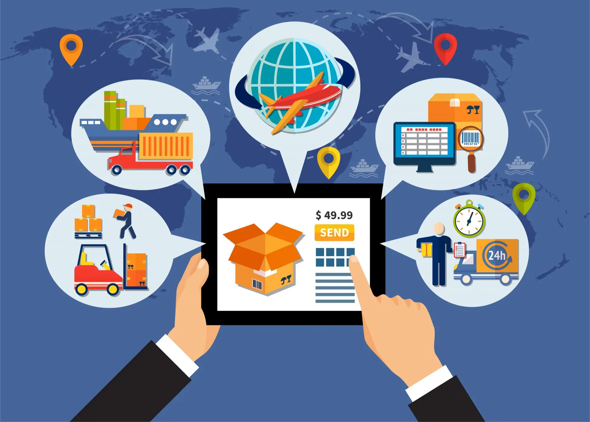 Tablet displaying a package with $49.99 price and 'SEND' button, surrounded by global shipping icons.