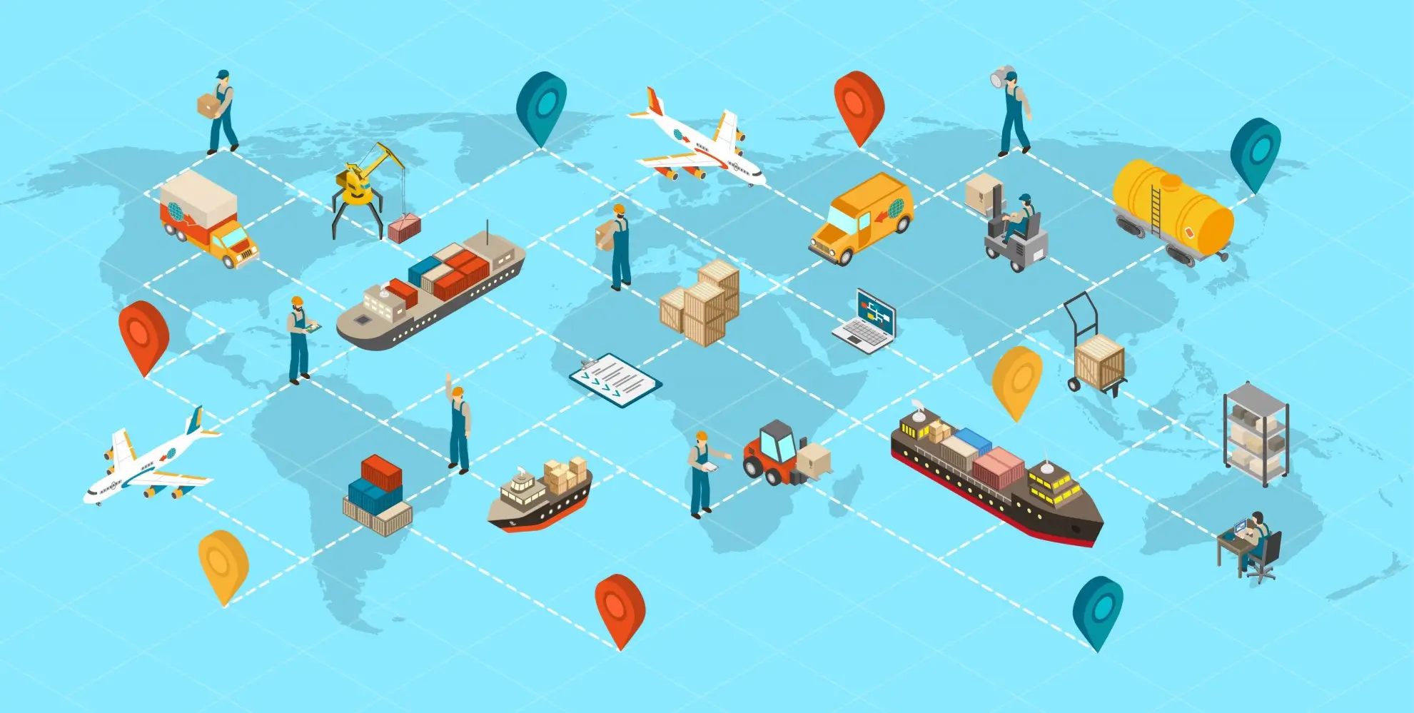 Illustration of global supply chain elements, including transportation modes like trucks, ships, airplanes, and workers connected by a network over a world map.