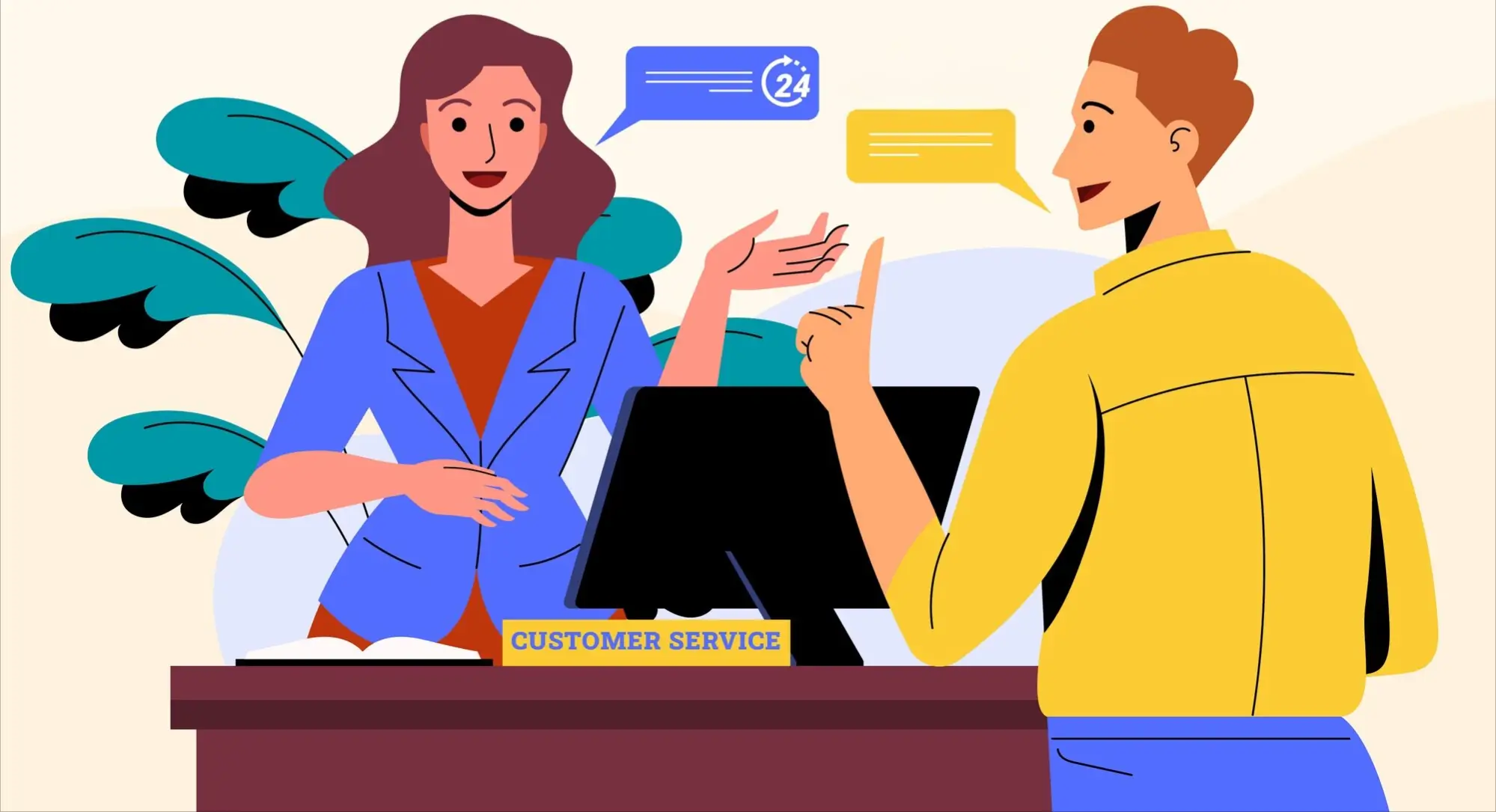 Customer service interaction: Person in blue blazer behind a desk labeled 'CUSTOMER SERVICE,' speaking to a person in yellow shirt.