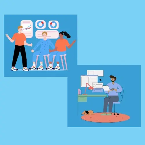 Three people in front of charts and graphs, and a person at a desk with multiple computer screens and a dog nearby
