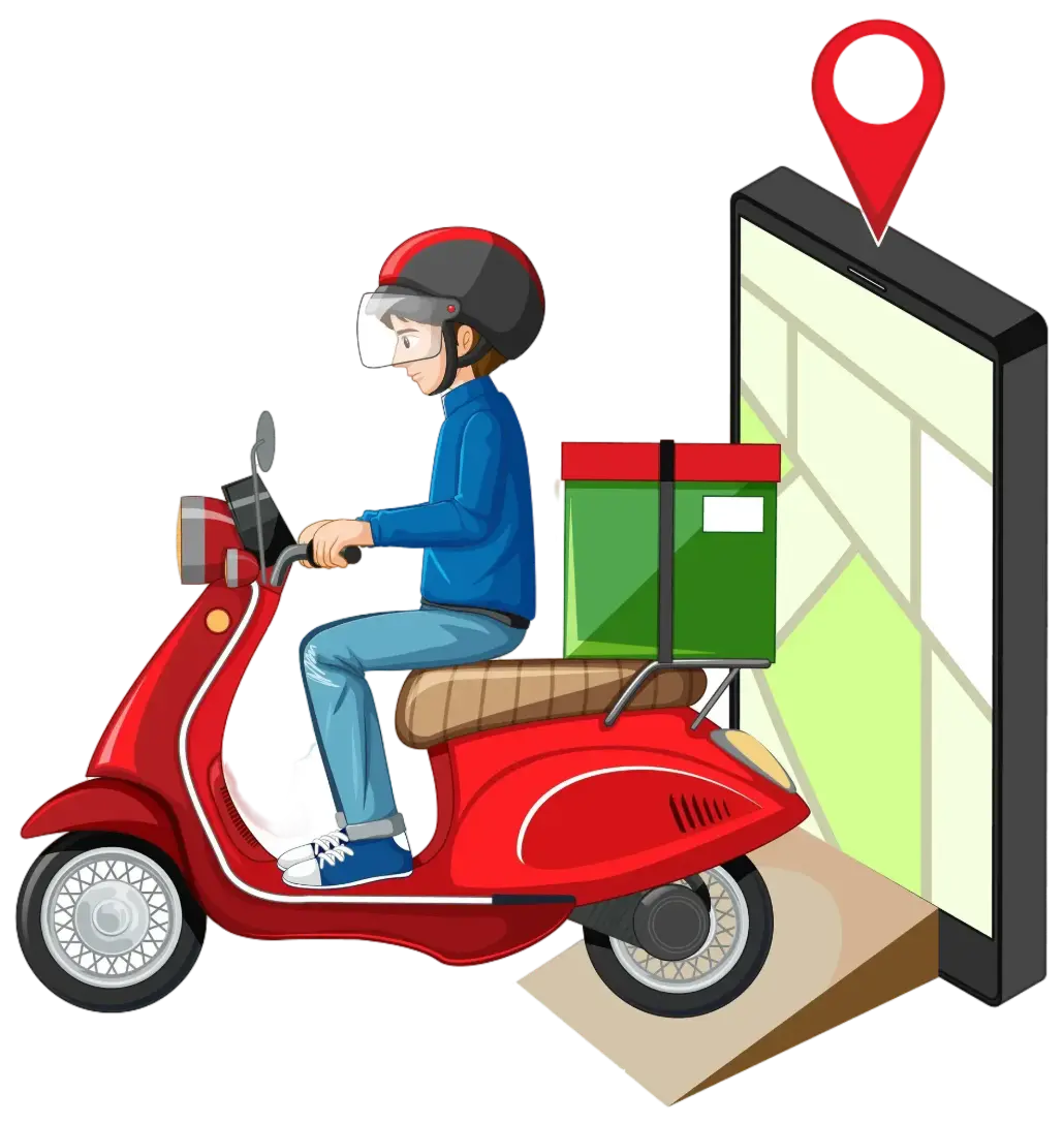 Person riding a red scooter with a delivery box, navigating using a smartphone map