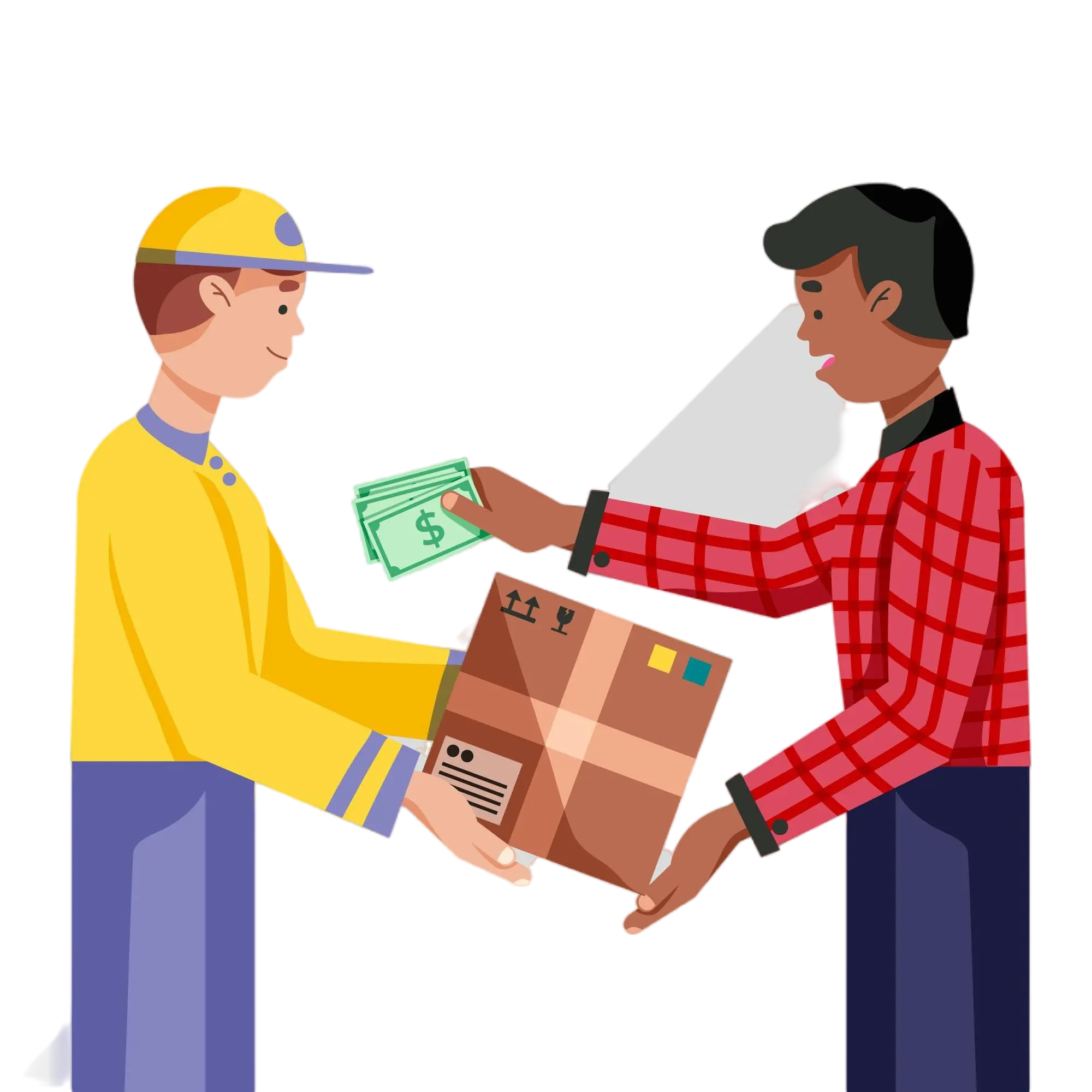Person in a yellow uniform handing a package to another person in a red checkered shirt