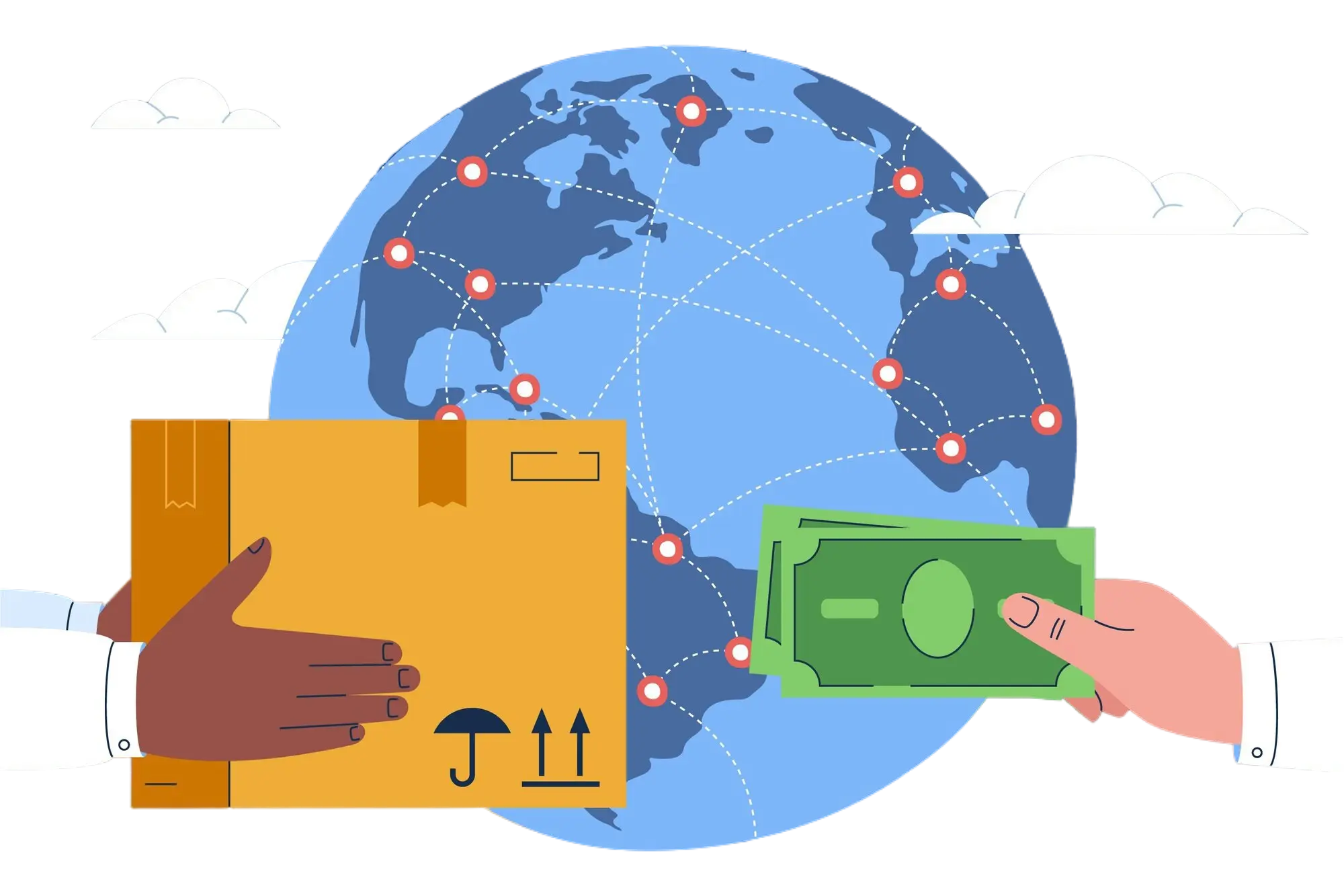 Globe with a network of connected points, hands exchanging a package and money