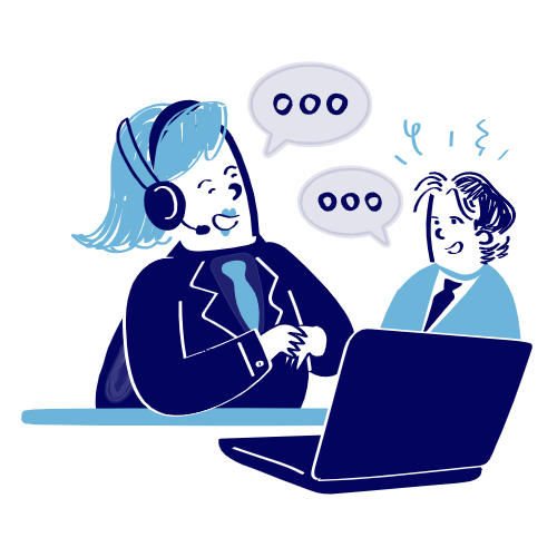 Person with a headset providing support to another person using a laptop