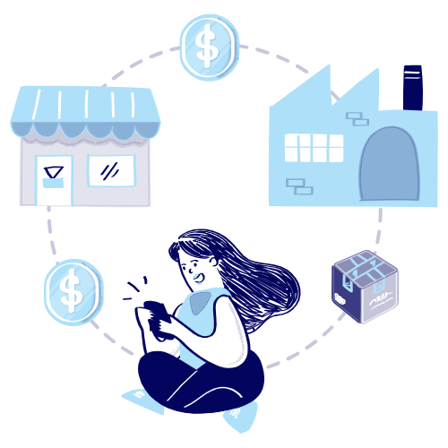 Person sitting and using a mobile device, surrounded by supply chain icons