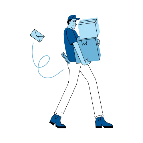 Person carrying a stack of boxes with an envelope flying out