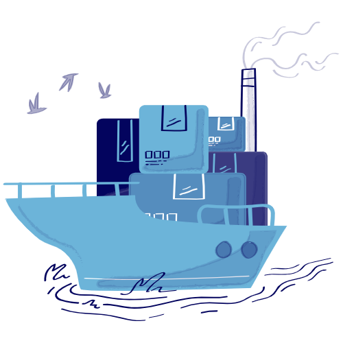 Cargo ship carrying containers, sailing on water with birds in the background