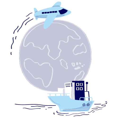 A globe with an airplane flying above it and a cargo ship sailing below it