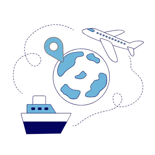 Globe with a location pin, airplane, and ship