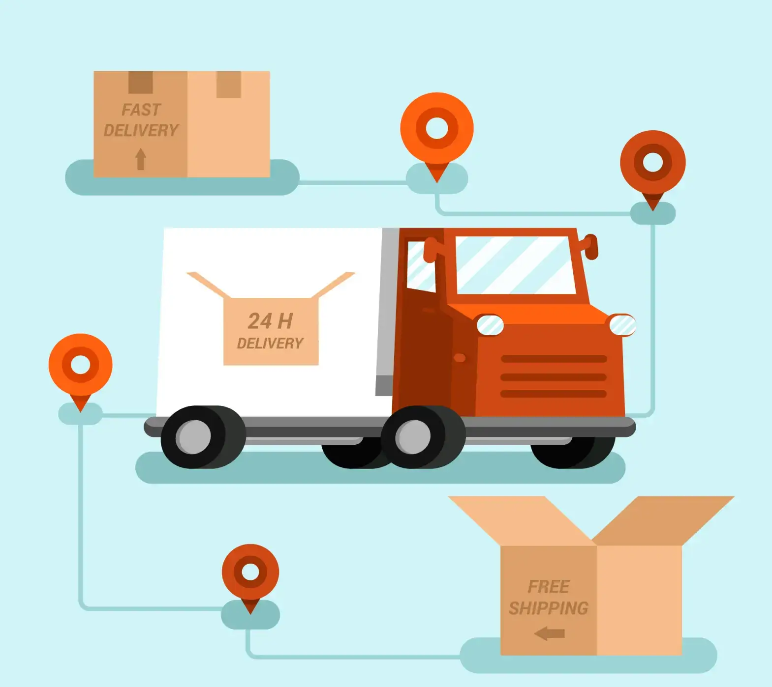 Delivery truck labeled 24 H DELIVERY with two boxes, one labeled FAST DELIVERY and the other FREE SHIPPING, and location markers indicating a delivery route