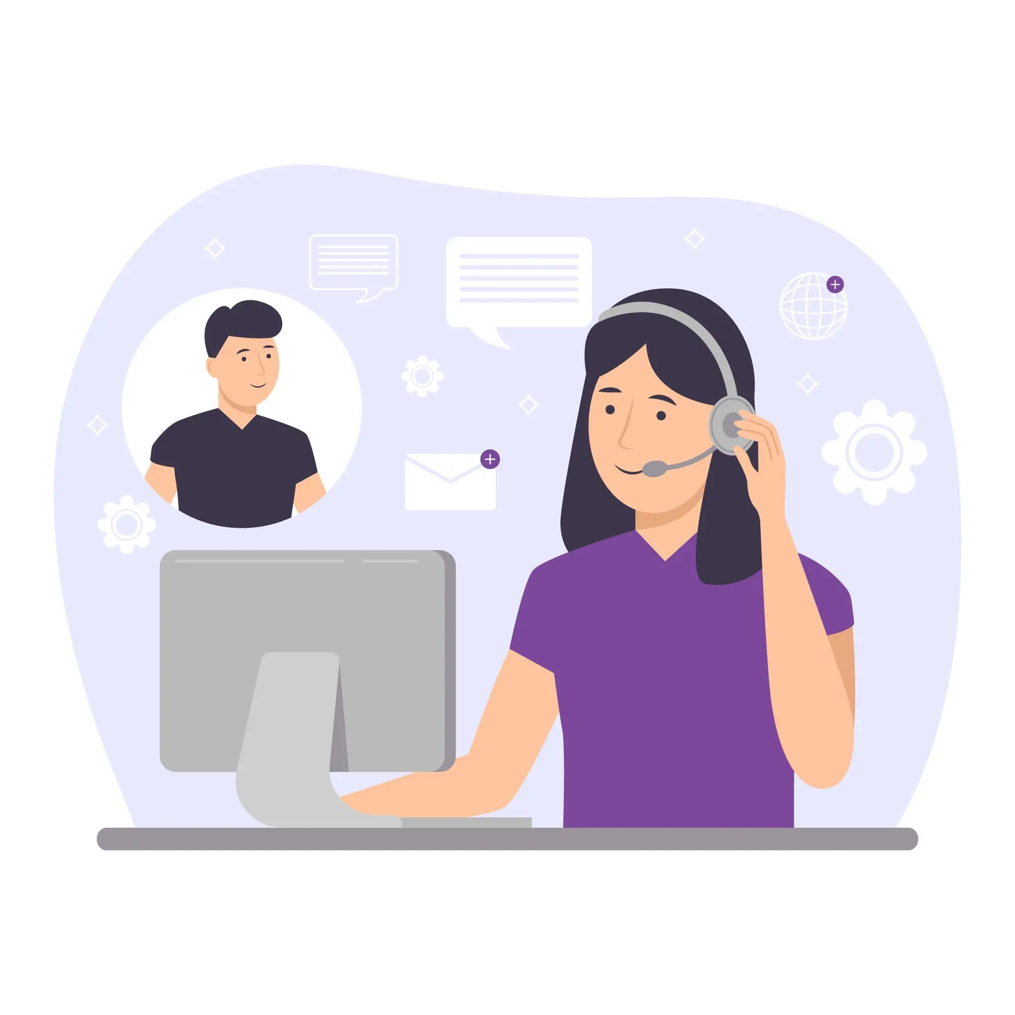 A person wearing a headset sits at a desk using a computer, surrounded by icons like speech bubbles, an envelope, and gears—suggesting customer support or a communication scenario.