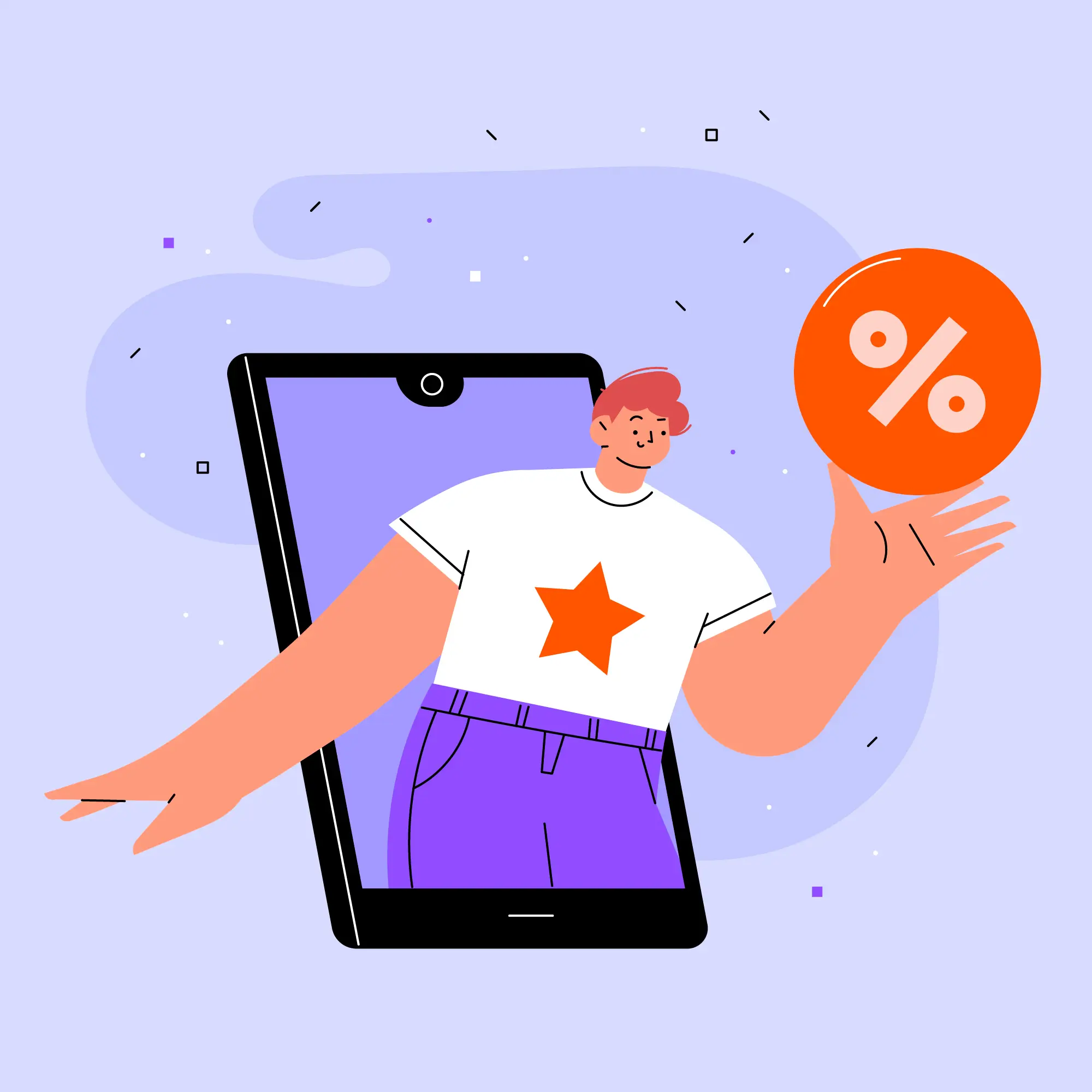 A person stepping out of a smartphone screen, holding a red percent symbol sign. They're wearing a white shirt with a red star and purple pants.