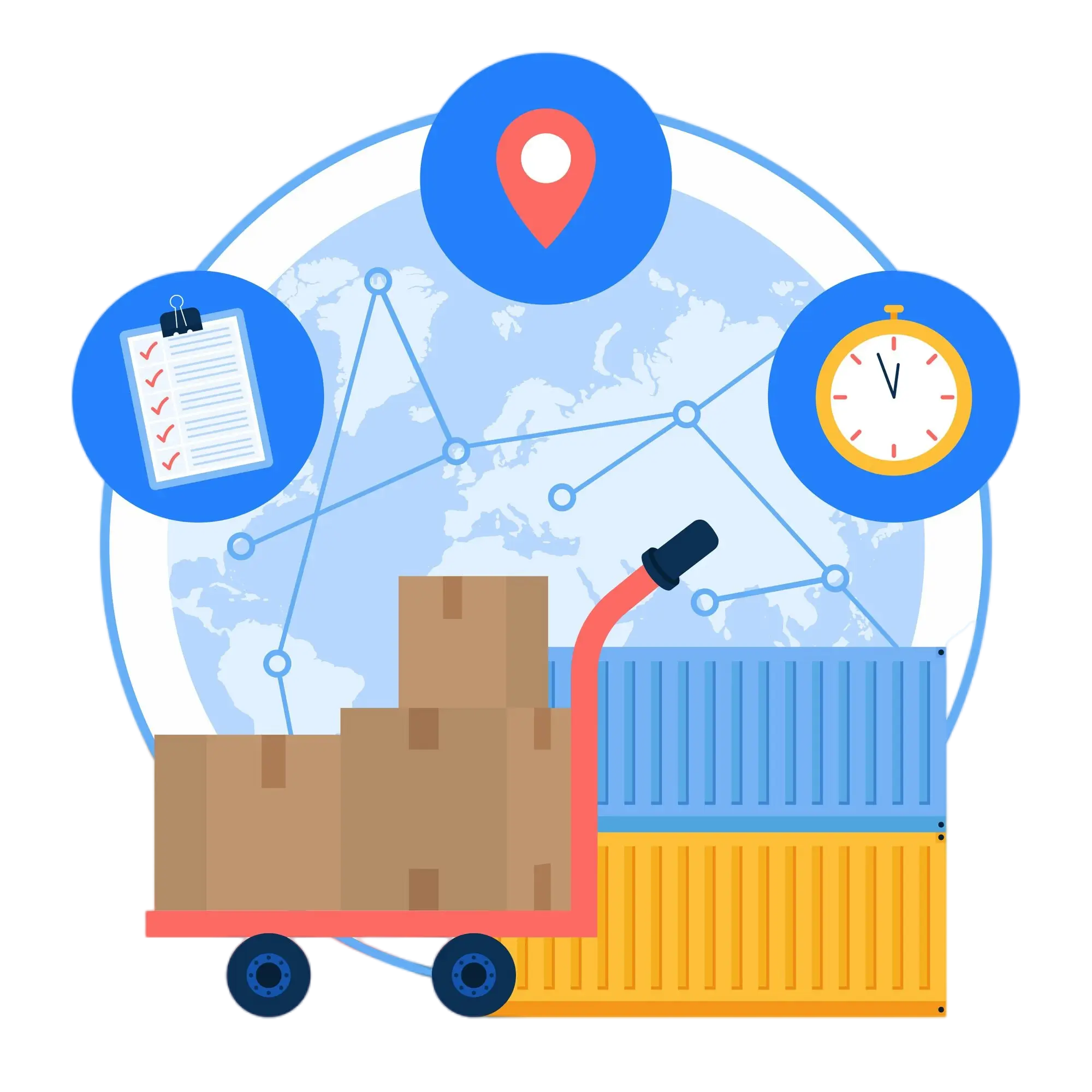 Hand truck with cardboard boxes, two large shipping containers (blue and yellow), and a world map with connected points indicating global logistics routes. Includes icons for inventory management, tracking, and timely delivery