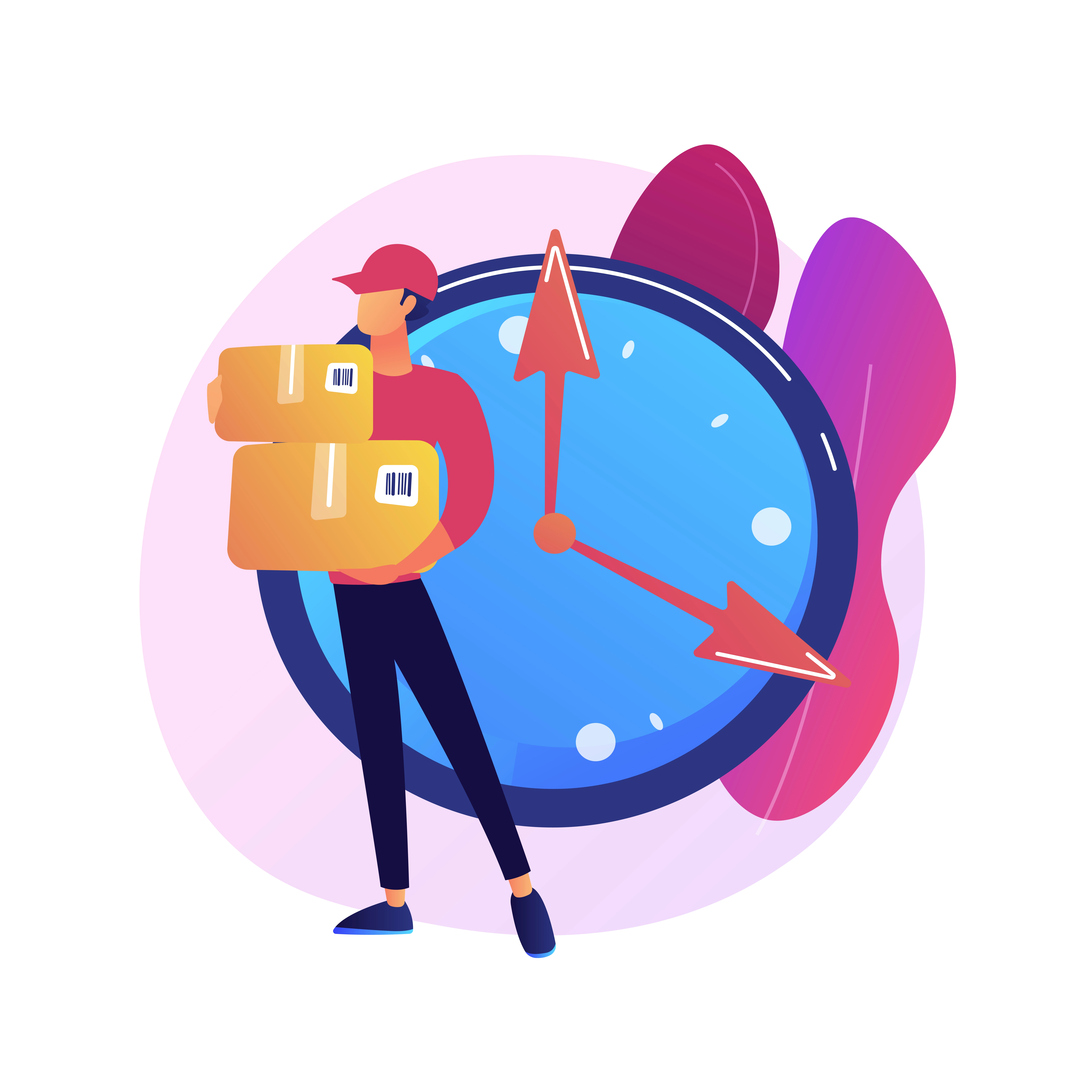 A person holding two packages in front of a clock with arrows pointing to different times, symbolizing punctual delivery or logistics.