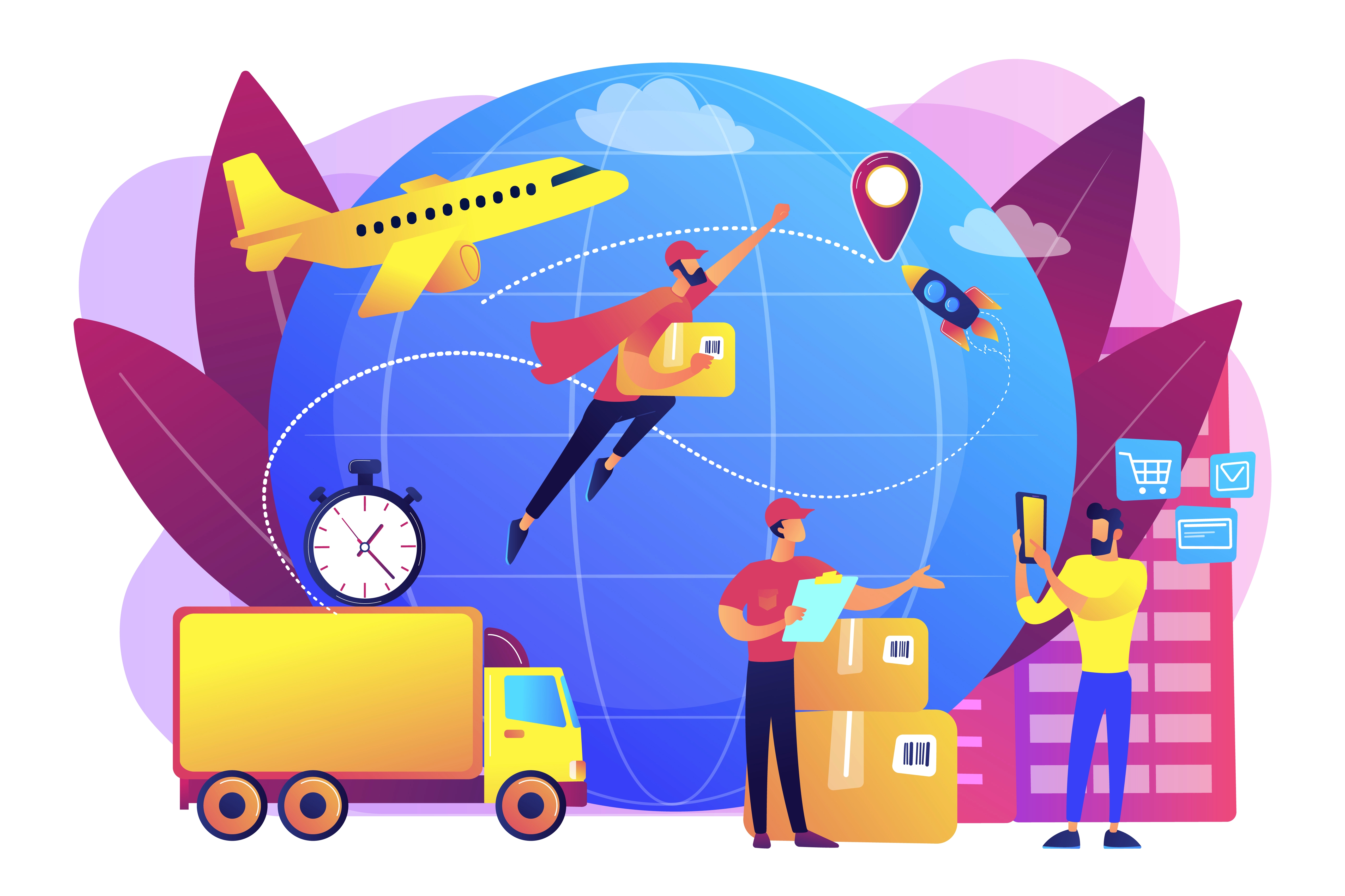 Illustration of global logistics: globe with delivery modes—plane, truck, rocket, and people handling packages.