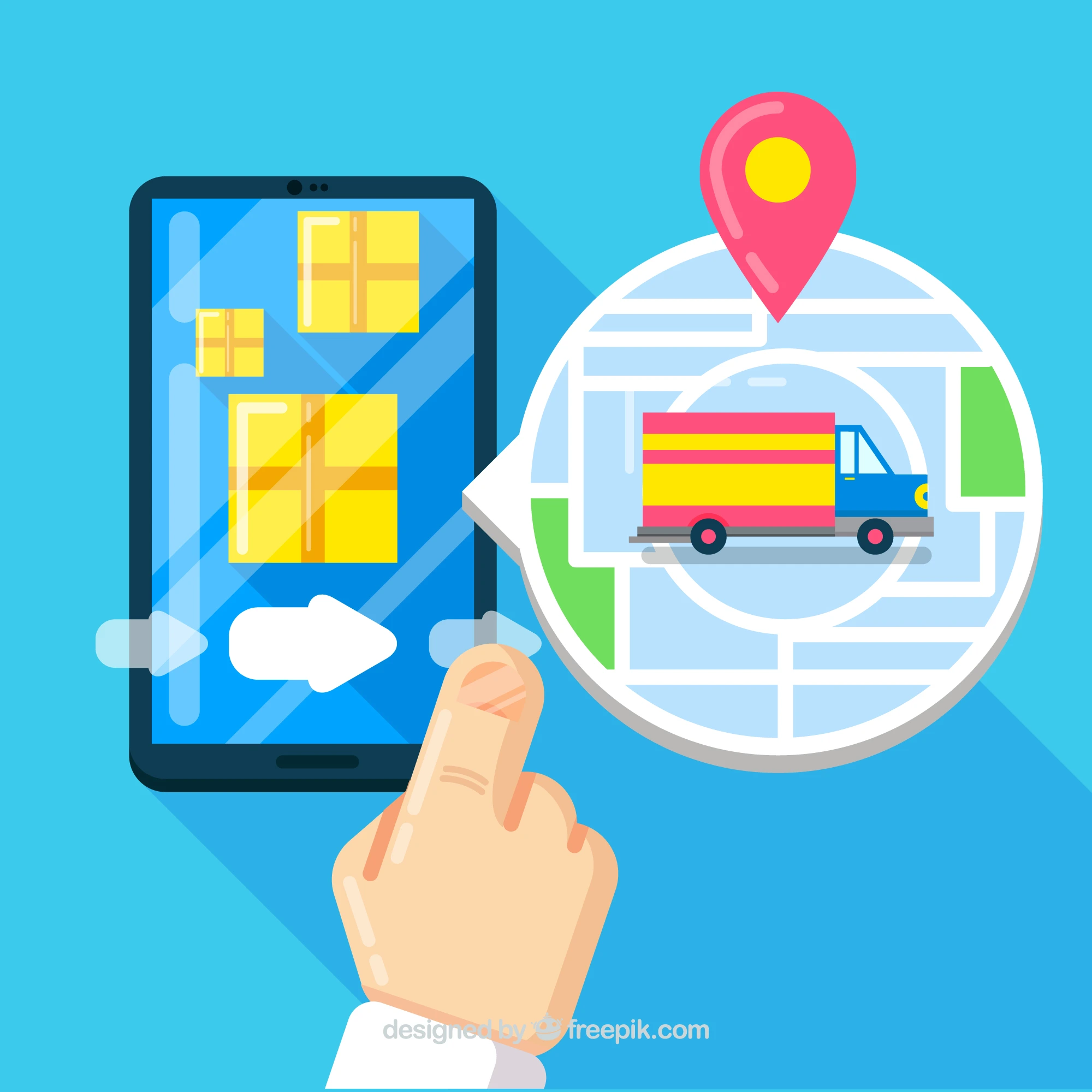 Hand interacting with a smartphone showing a colorful map with a delivery truck icon and a location pin, indicating a package tracking app.