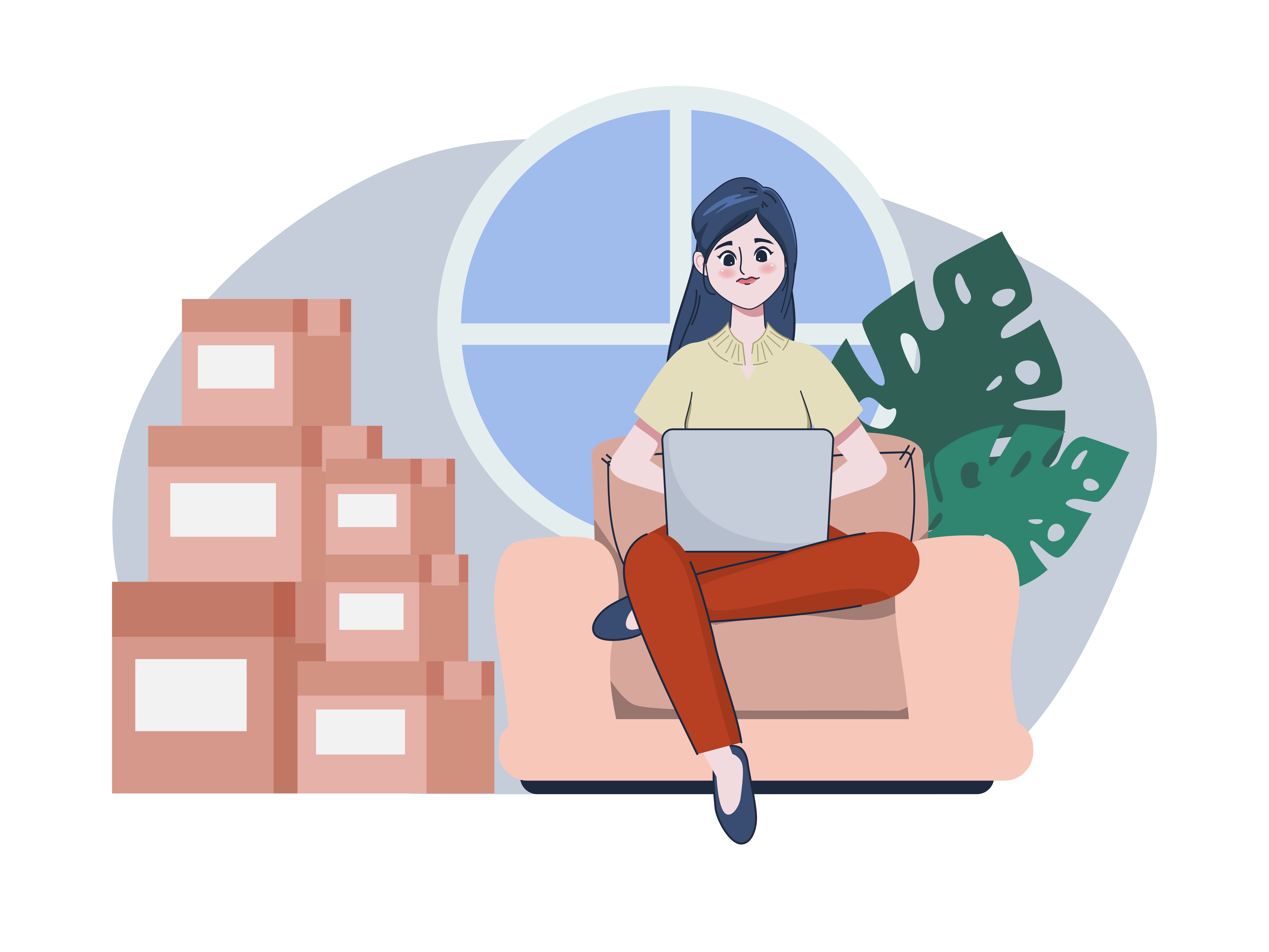 Person on a pink couch working on a laptop, with stacked boxes nearby and a green plant in the background.