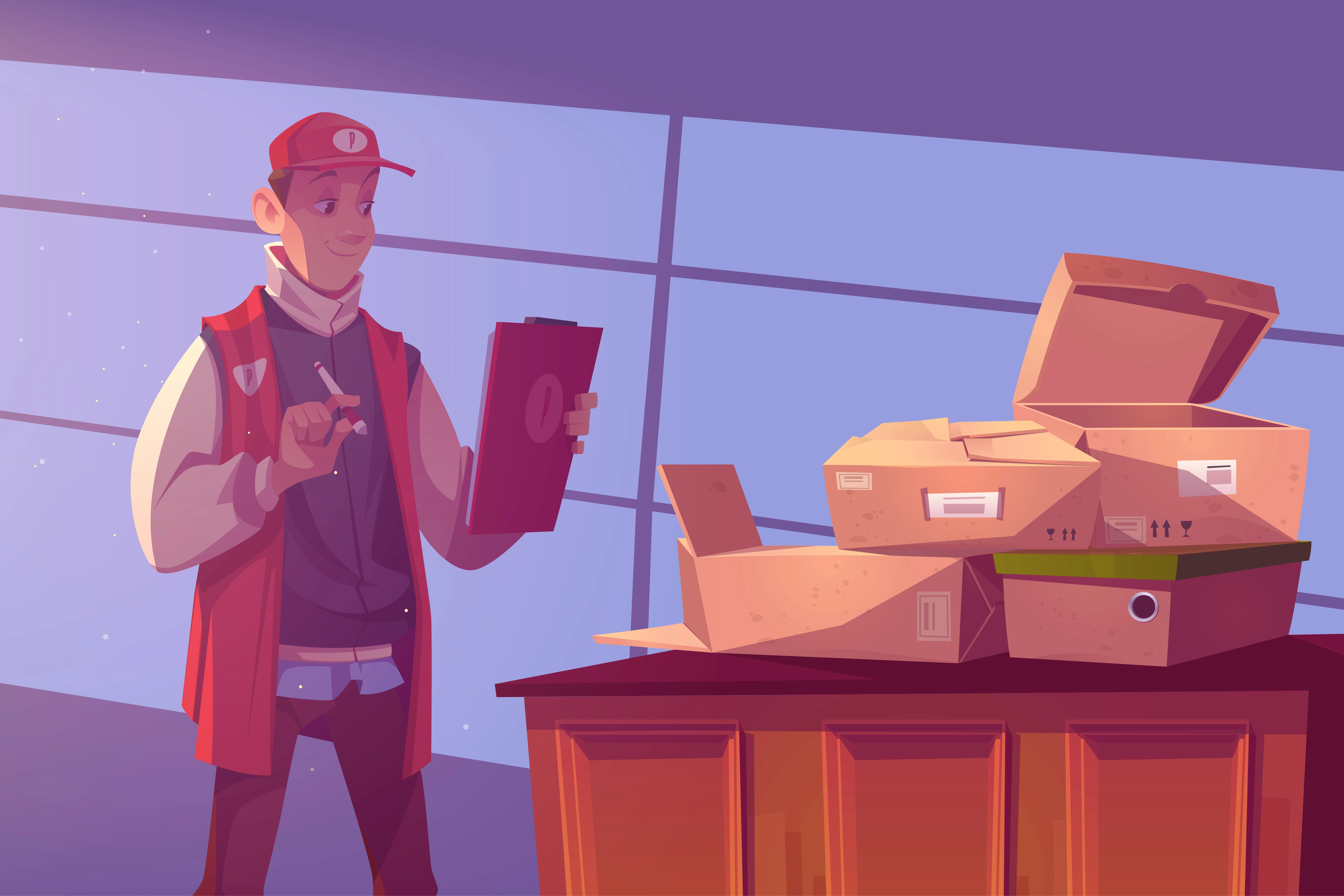 A delivery worker in a red cap and vest holding a clipboard and pen, standing near a table with several cardboard boxes, against a large window backdrop.