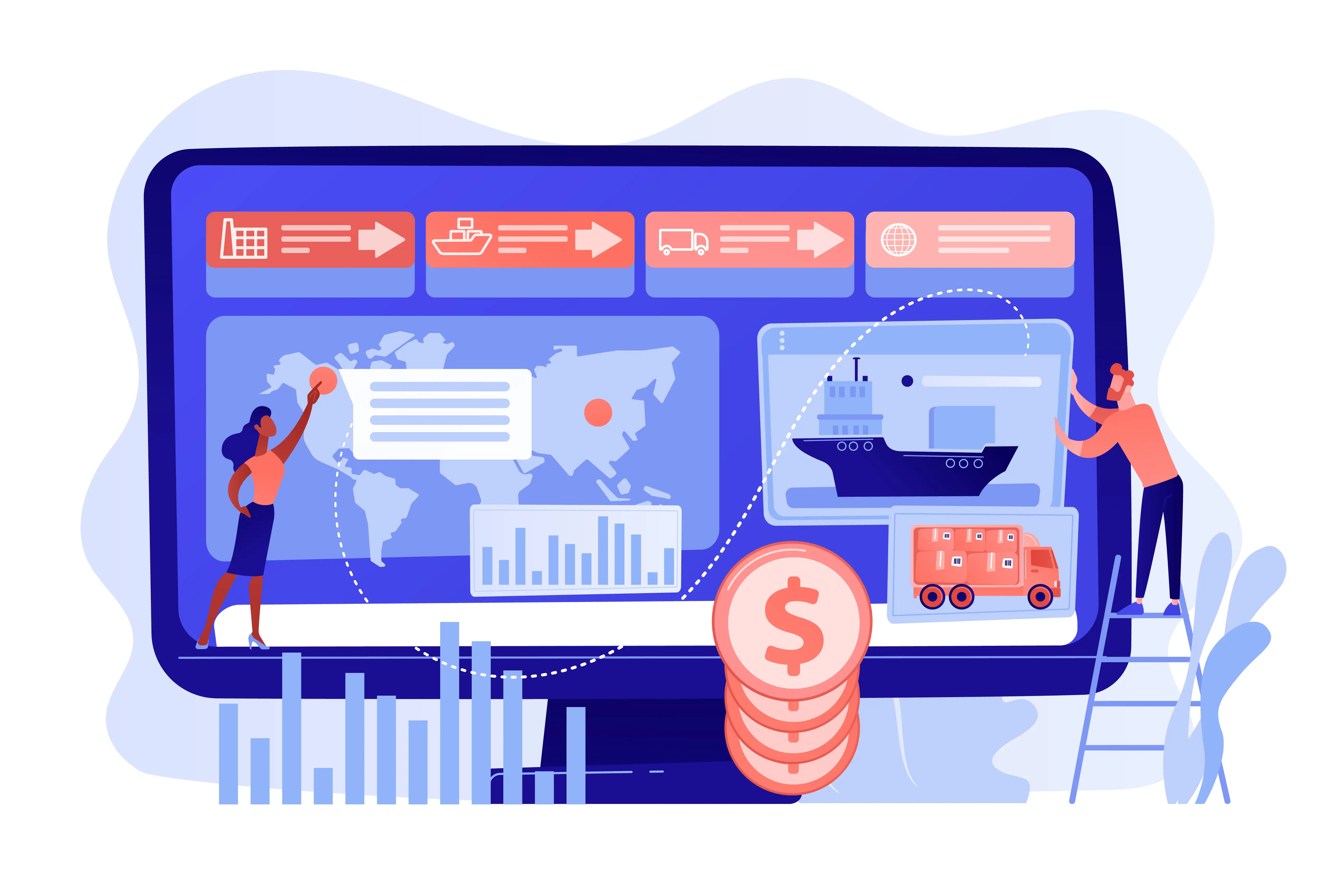 Illustration of a logistics concept: computer screen with icons of supply chain elements like a ship, truck, map, and charts, surrounded by people interacting with it.