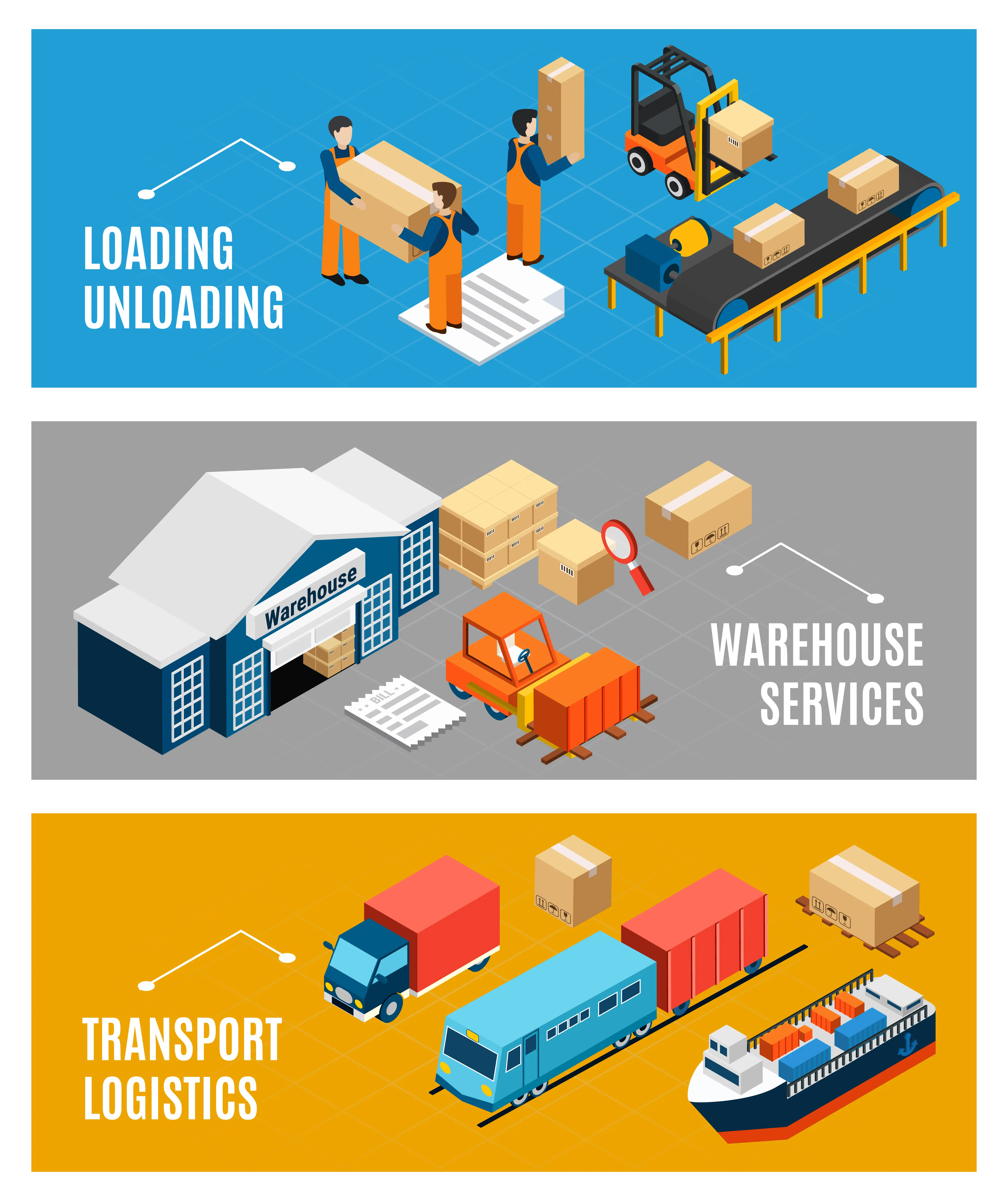 Three-part infographic illustrating logistics stages: loading/unloading, warehouse services, and transport logistics.