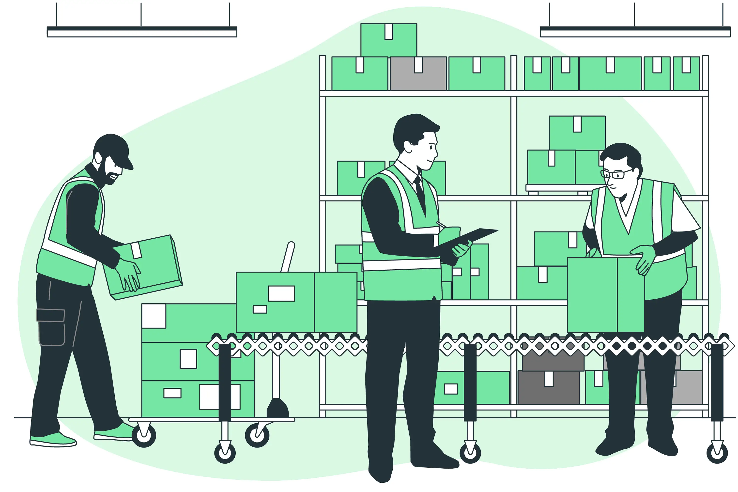 Three warehouse workers managing and organizing boxes on shelves and a conveyor belt.