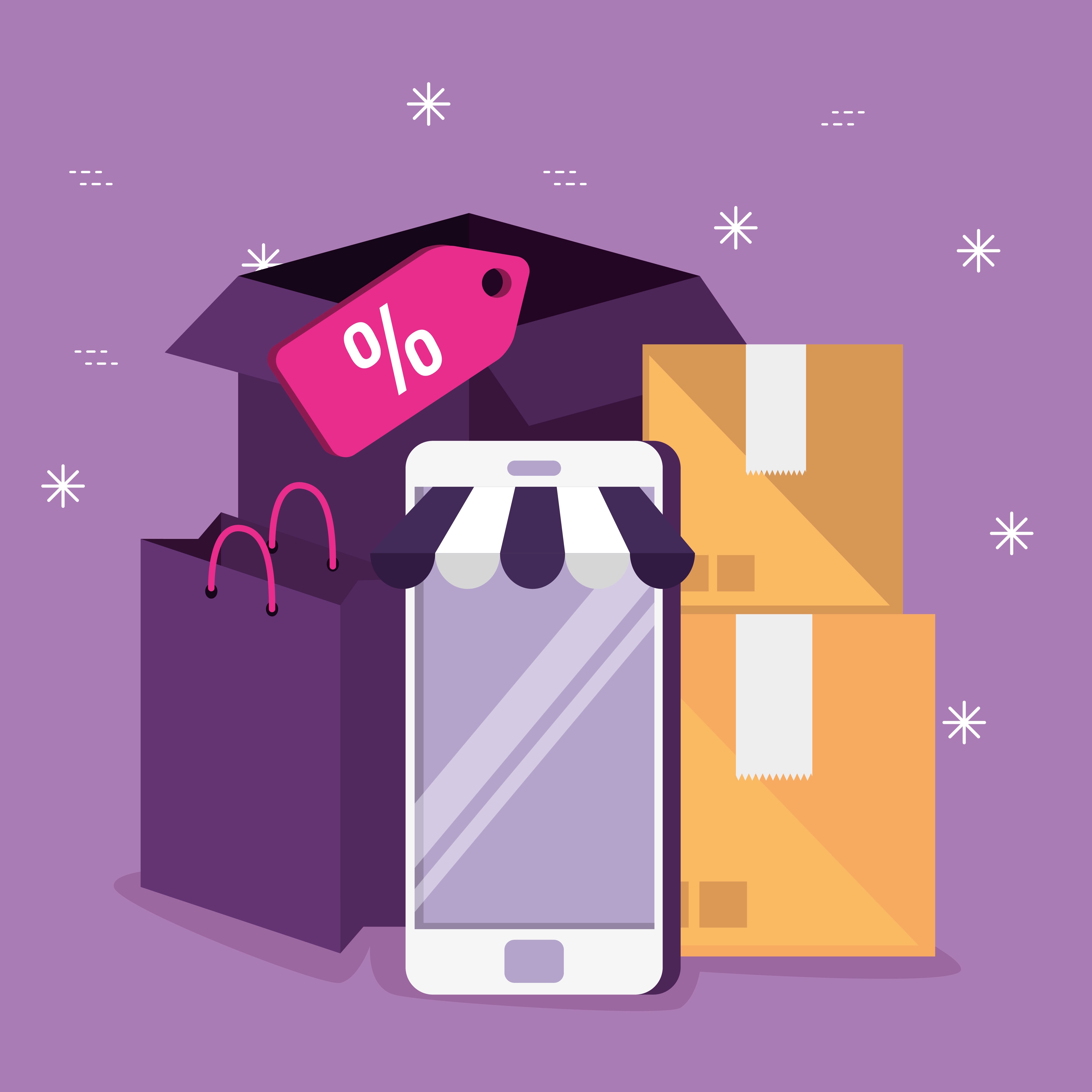 Smartphone displaying an online shop with surrounding items: boxes, a shopping bag, an open box, and a pink price tag showing a discount, set against a purple background with stars.