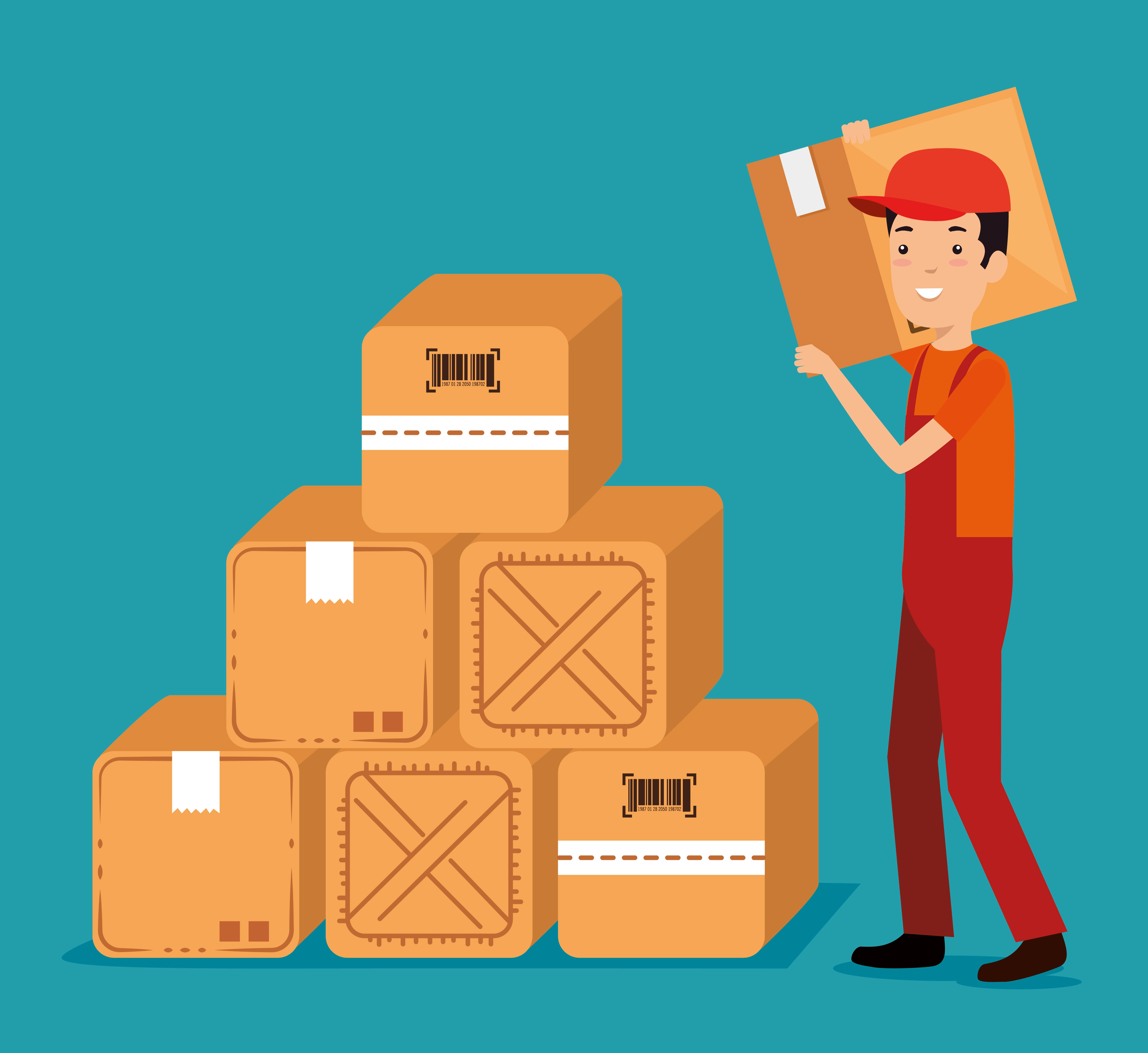 Person in red uniform carrying a cardboard box on their shoulder, next to a stack of six boxes arranged in a pyramid.