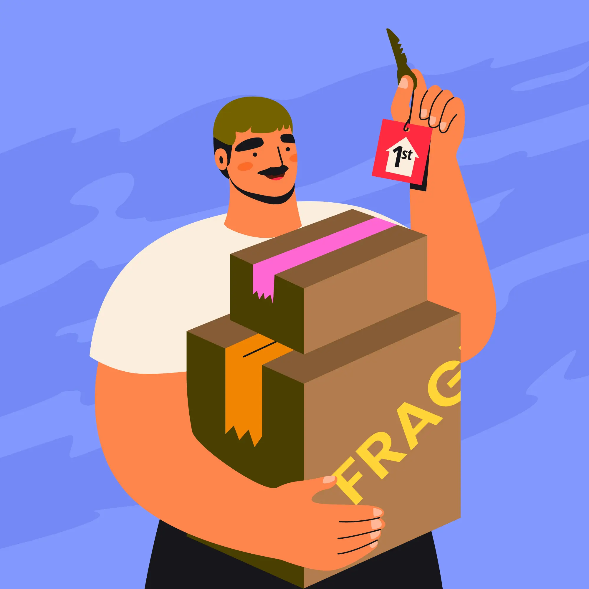 Person holding two stacked boxes marked 'FRAG' and a key with a red tag saying '1st'.