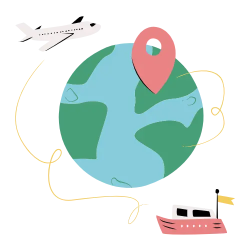 Stylized Earth with a location pin, airplane, and boat connected by a dashed line