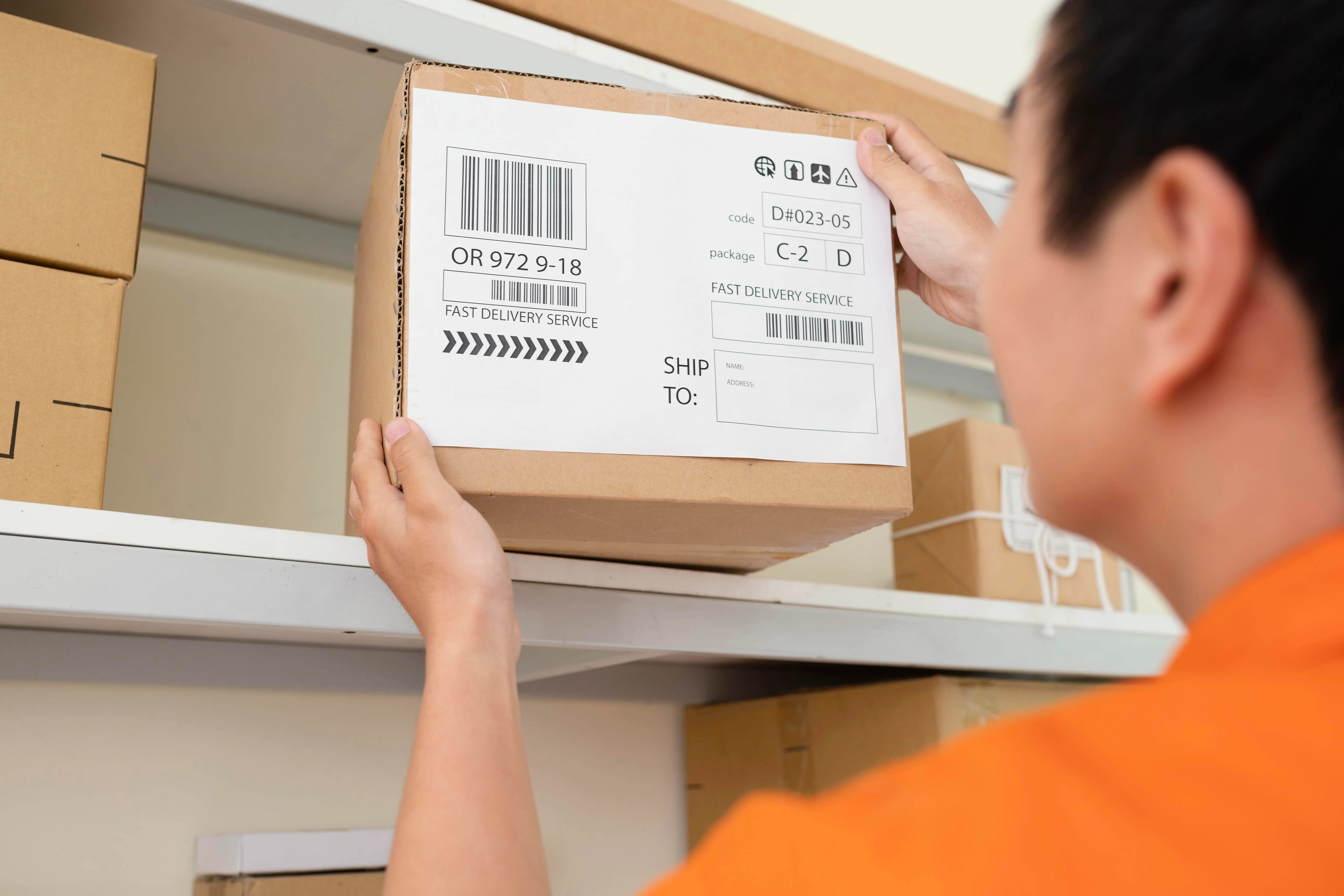 A person placing a labeled cardboard box onto a shelf.