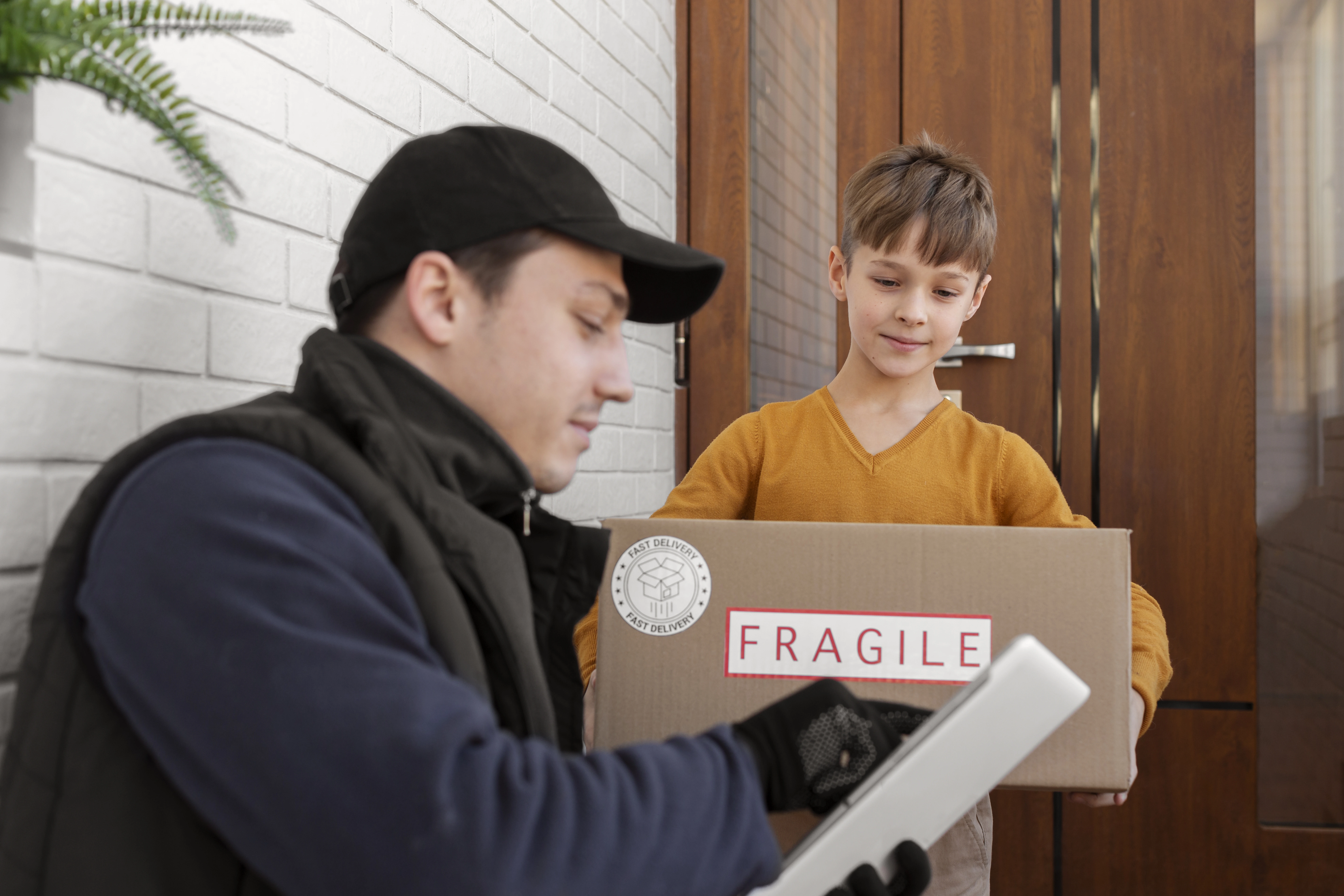 Two people at a doorway, one handing a package marked FRAGILE to the other.