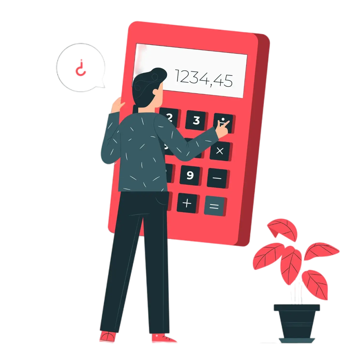 Person standing in front of a giant red calculator