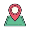 A red location pin icon on a green map.
