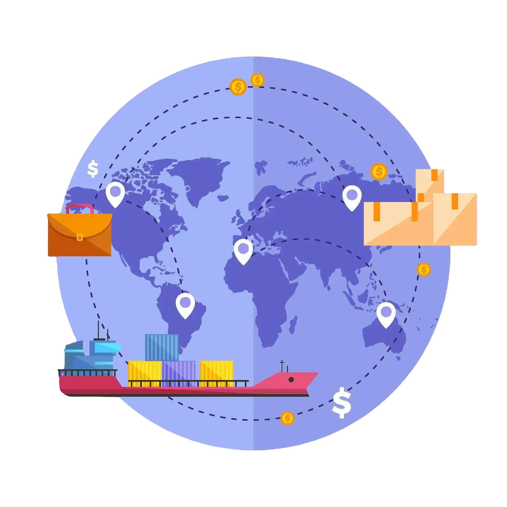 World map with icons representing global trade and logistics, including location markers, a cargo ship, a briefcase, boxes, and currency symbols