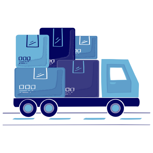 Blue truck carrying stacked boxes with shipping labels