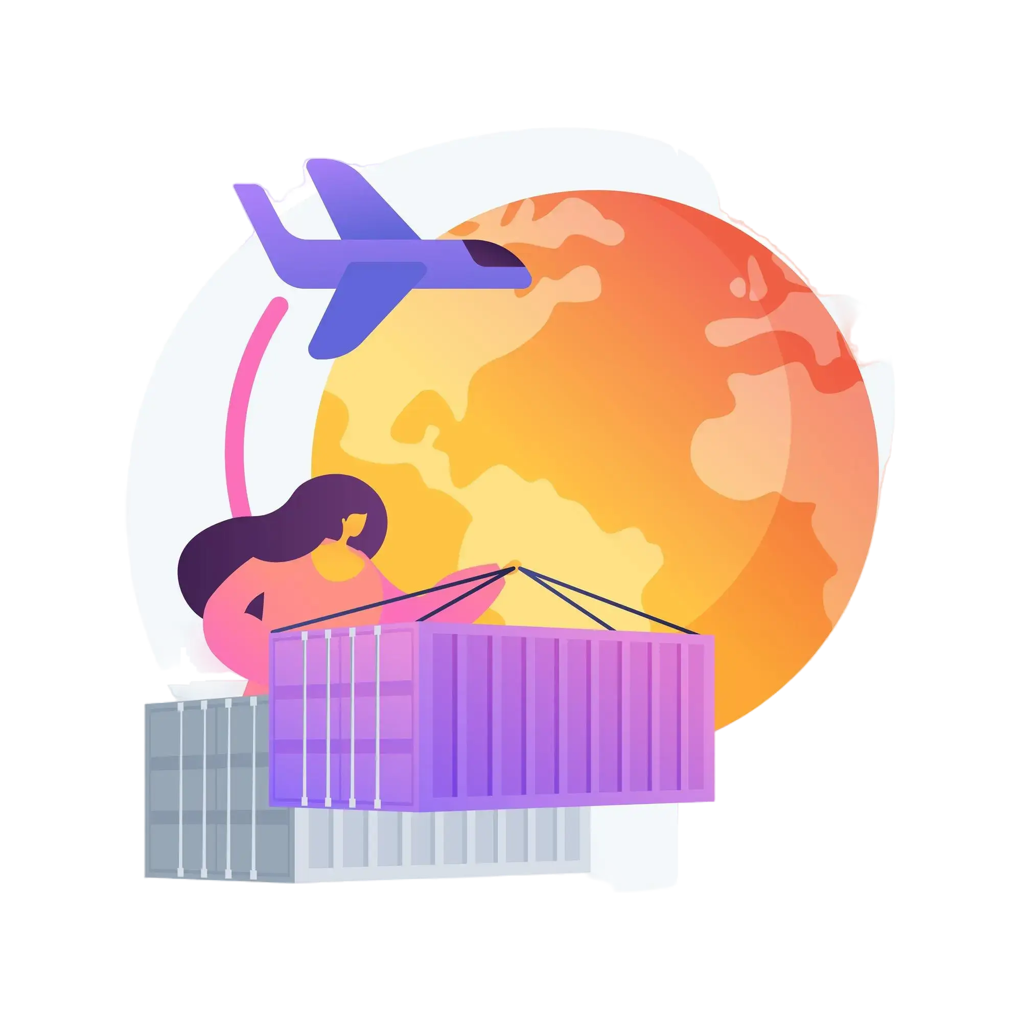 Globe with an airplane and a person handling a shipping container