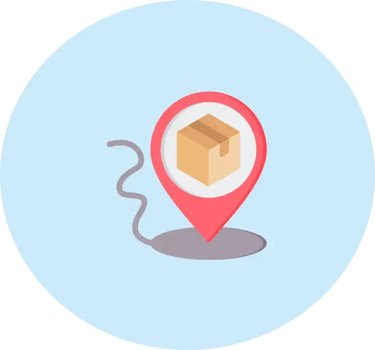 Red location pin with a cardboard box inside, indicating package tracking or delivery status