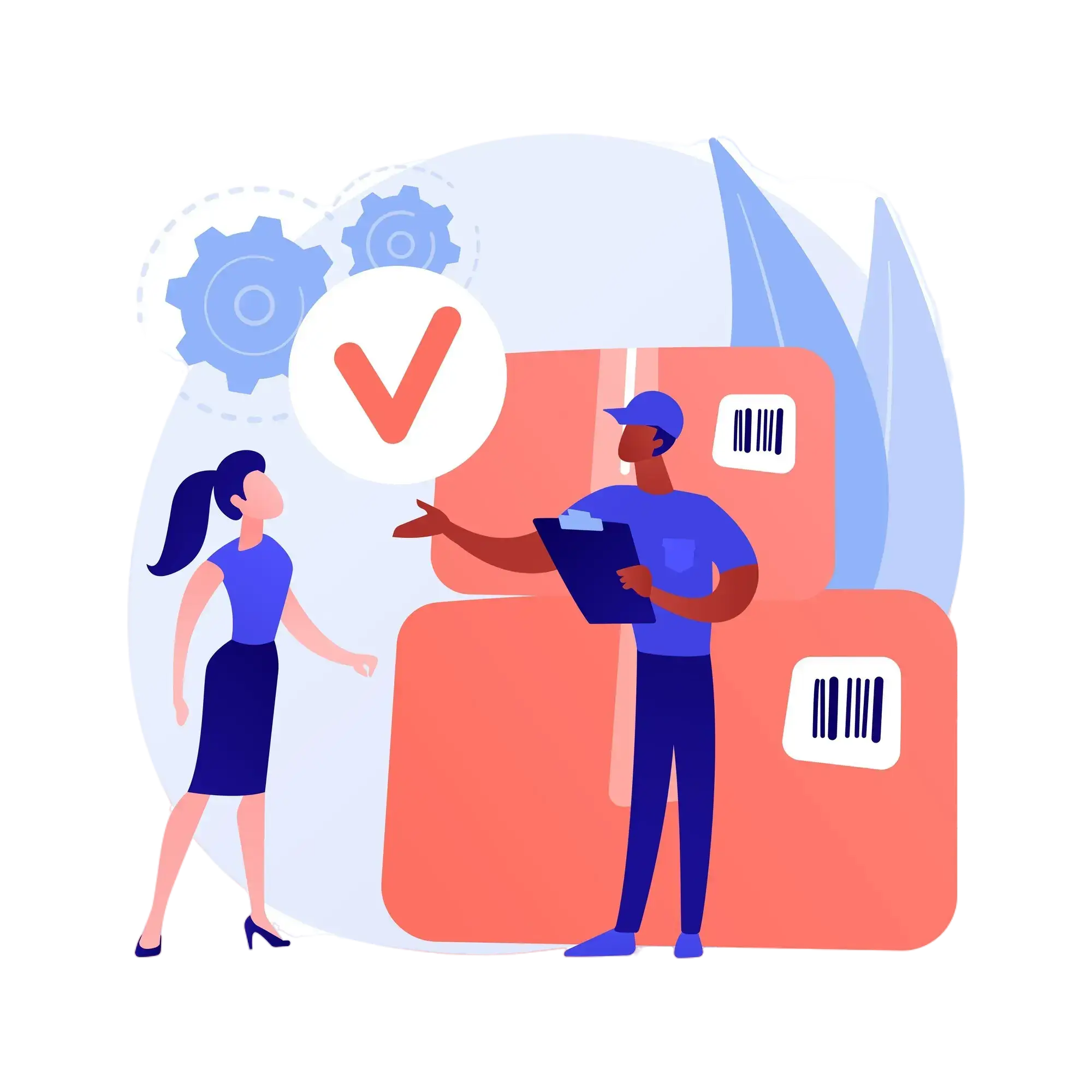 Two people in a warehouse with boxes and a checkmark