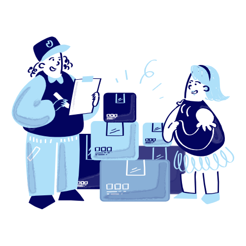 Delivery person holding a clipboard next to packages, with another person nearby