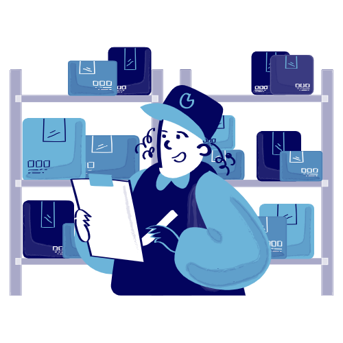 Person in uniform holding a clipboard in front of shelves with boxes