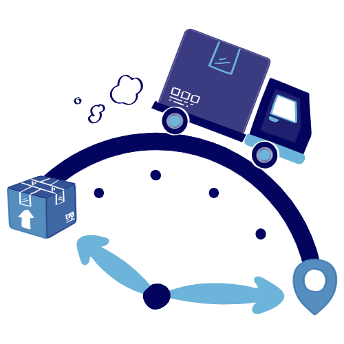 Truck moving from a package to a location pin, symbolizing delivery